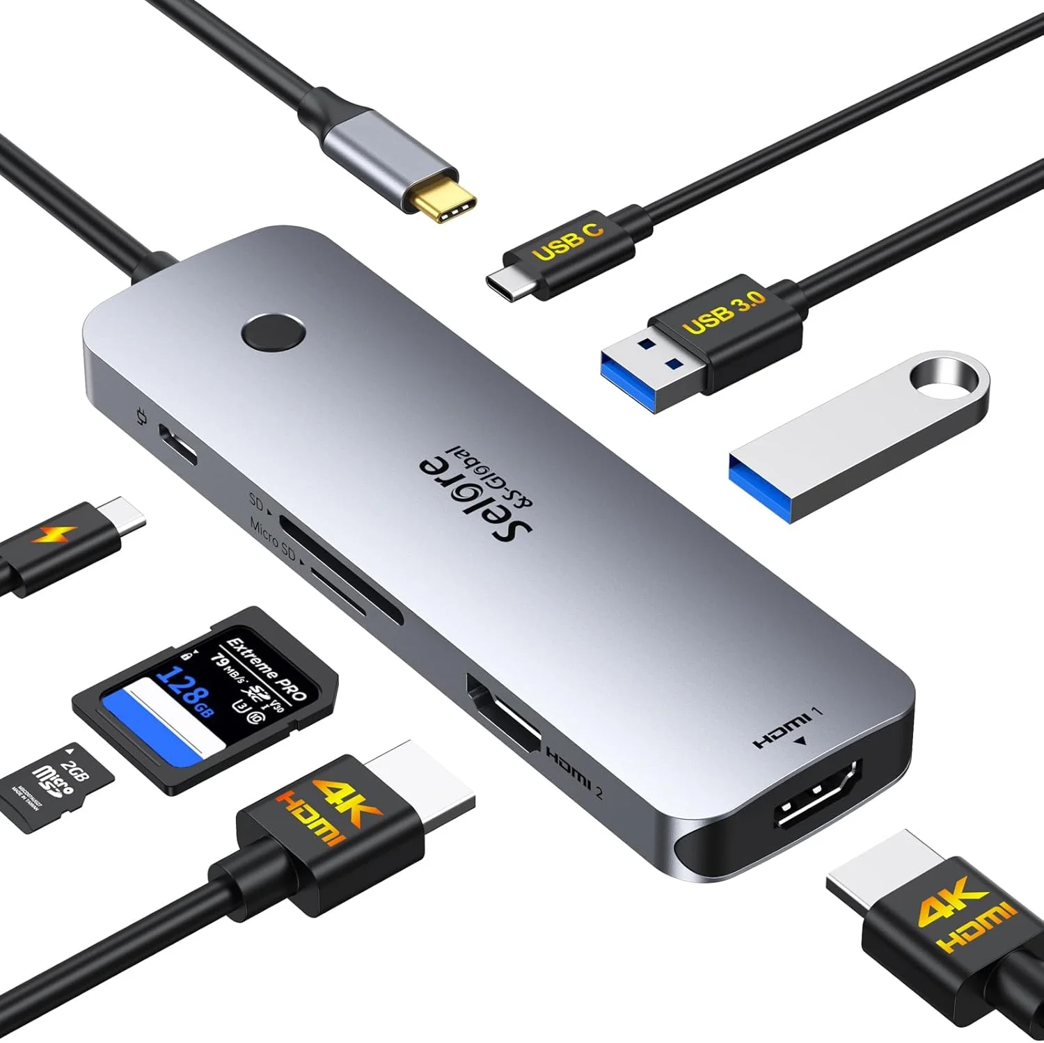 داک استیشن USB C سلور، مانیتور دوگانه HDMI، آداپتور USB C به دوگانه HDMI با HDMI 4K@60Hz، پورت های 100W PD، SD/TF، USB A&C 3.0، داک استیشن لپ تاپ برای Dell XPS/HP/Lenovo/Surface/Yoga و غیره