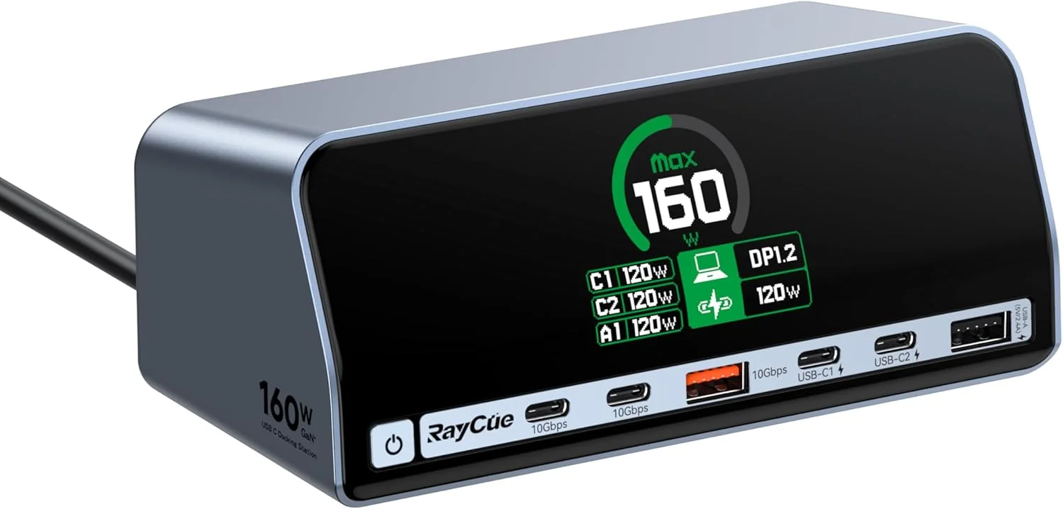 داک استیشن RayCue، ۱۳ پورت با حداکثر توان خروجی ۱۶۰ وات، ایستگاه شارژ لپ‌تاپ USB C با نمایشگر هوشمند LCD ۲.۲۶ اینچی، پورت‌های USB A/C با سرعت ۱۰ گیگابیت بر ثانیه، پورت‌های اترنت، نمایشگرهای دوگانه 4K برای Dell، HP، Lenovo و غیره