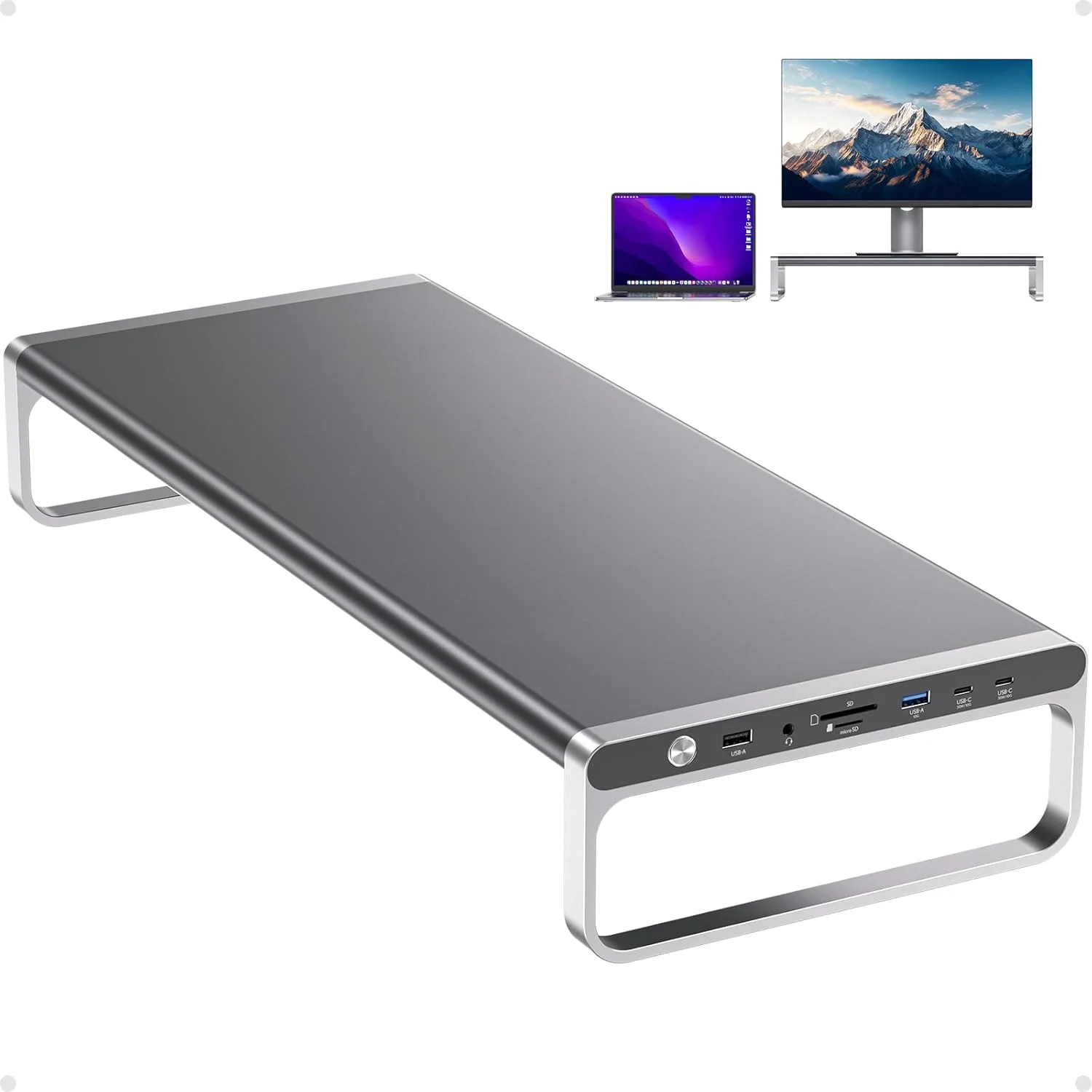 پایه مانیتور ایستگاه اتصال مک بوک، ایستگاه اتصال لپ تاپ USB C سیزده در یک با 6 پورت USB A/C (انتقال داده و حداکثر شارژ 60 وات)، 4K HDMI، SD/TF، صدای 3.5 میلی متری، اترنت برای مک بوک، مک مینی