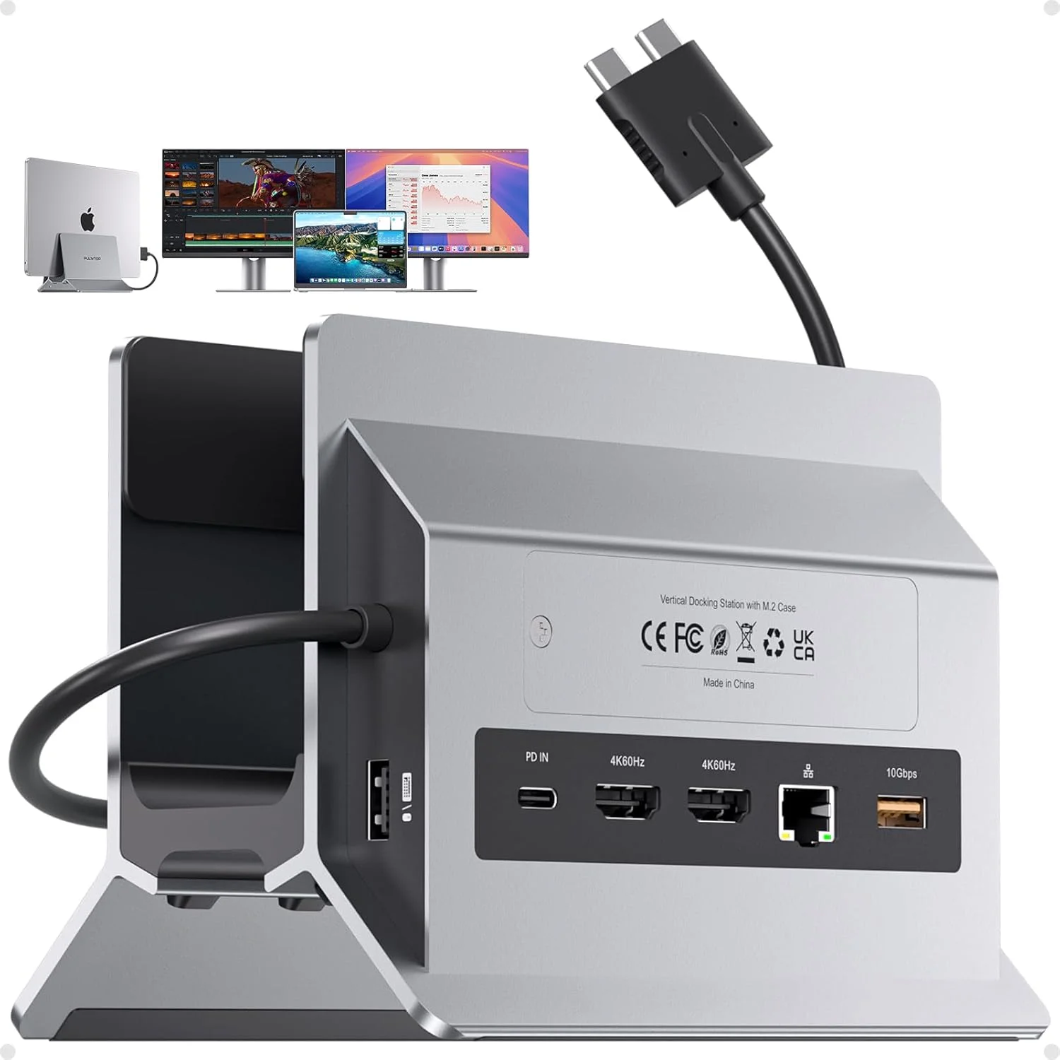 داک استیشن مک بوک برای دو مانیتور، داک استیشن لپ تاپ مک با دو پورت USB-C با 2 پورت HDMI 4K@60Hz، USB A/C 10Gbps، PD، اترنت، USB 2.0، SD/TF پایه داک عمودی برای مک بوک پرو ایر M3 M4 M5