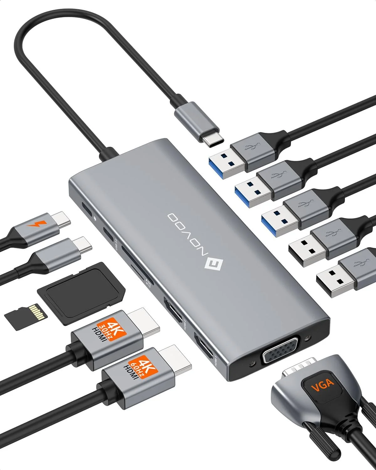 داک استیشن USB C نووو، داک استیشن 12 در 1 مانیتور دوگانه با 2 پورت HDMI، VGA، 5 پورت USB، شارژ سریع 100 وات، انتقال داده USB-C، کارت خوان SD/TF، سازگار با MacBook/Dell/HP/Surface