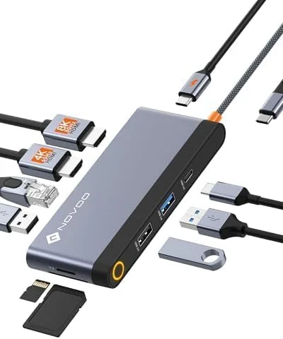 داک استیشن NOVOO 10 در 1 با دو پورت HDMI، آداپتور USB C چند پورت به 2 پورت HDMI 8K، گیگابیت اترنت، PD 100W، SD، TF، 3 پورت USB برای مایکروسافت، مک بوک، HP، Dell، Lenovo