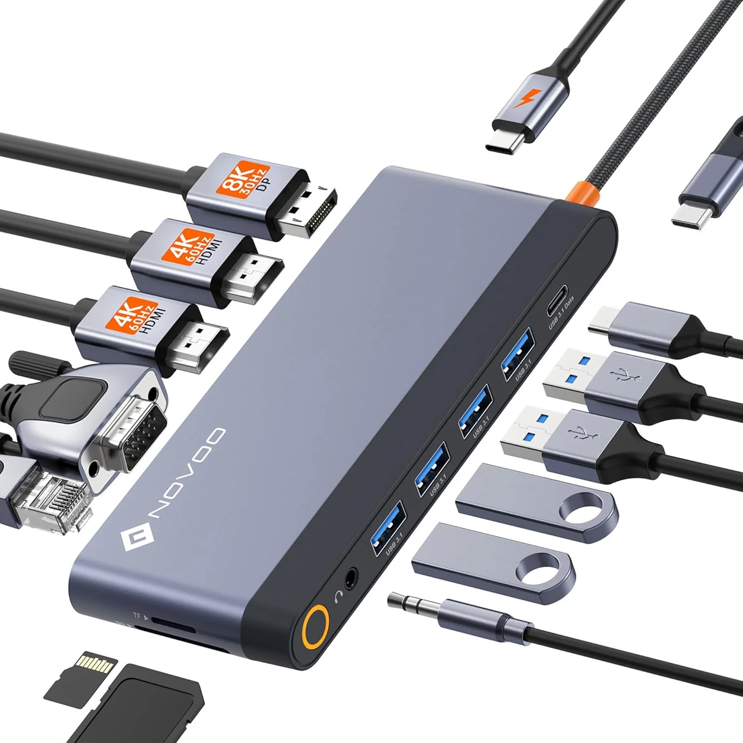 ایستگاه اتصال NOVOO، هاب USB C با دو خروجی HDMI 4K 60Hz، درگاه نمایش، VGA، گیگابیت اترنت، PD 100W، پنج درگاه USB، SD/TF و صدای 3.5 میلی‌متری، ایستگاه اتصال برای MacBook HP Lenovo Dell