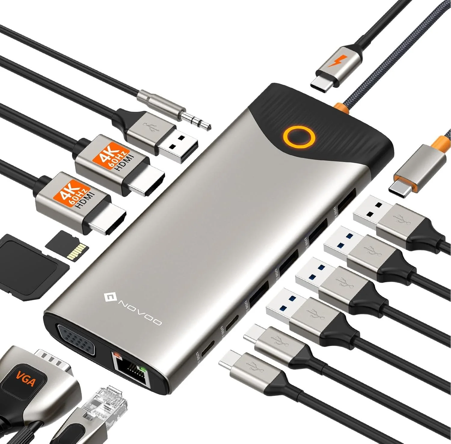 ایستگاه اتصال ۱۵ در ۱ USB C نووو، هاب USB C با نمایشگر سه گانه، آداپتور دوگانه 4K با فرکانس 60 هرتز HDMI با VGA، اترنت گیگابیتی، ۵ پورت USB-A/۲ پورت داده USB-C، ۱۰۰ وات PD، SD/TF، داک چند پورت صدا/میکروفون برای مک بوک دل