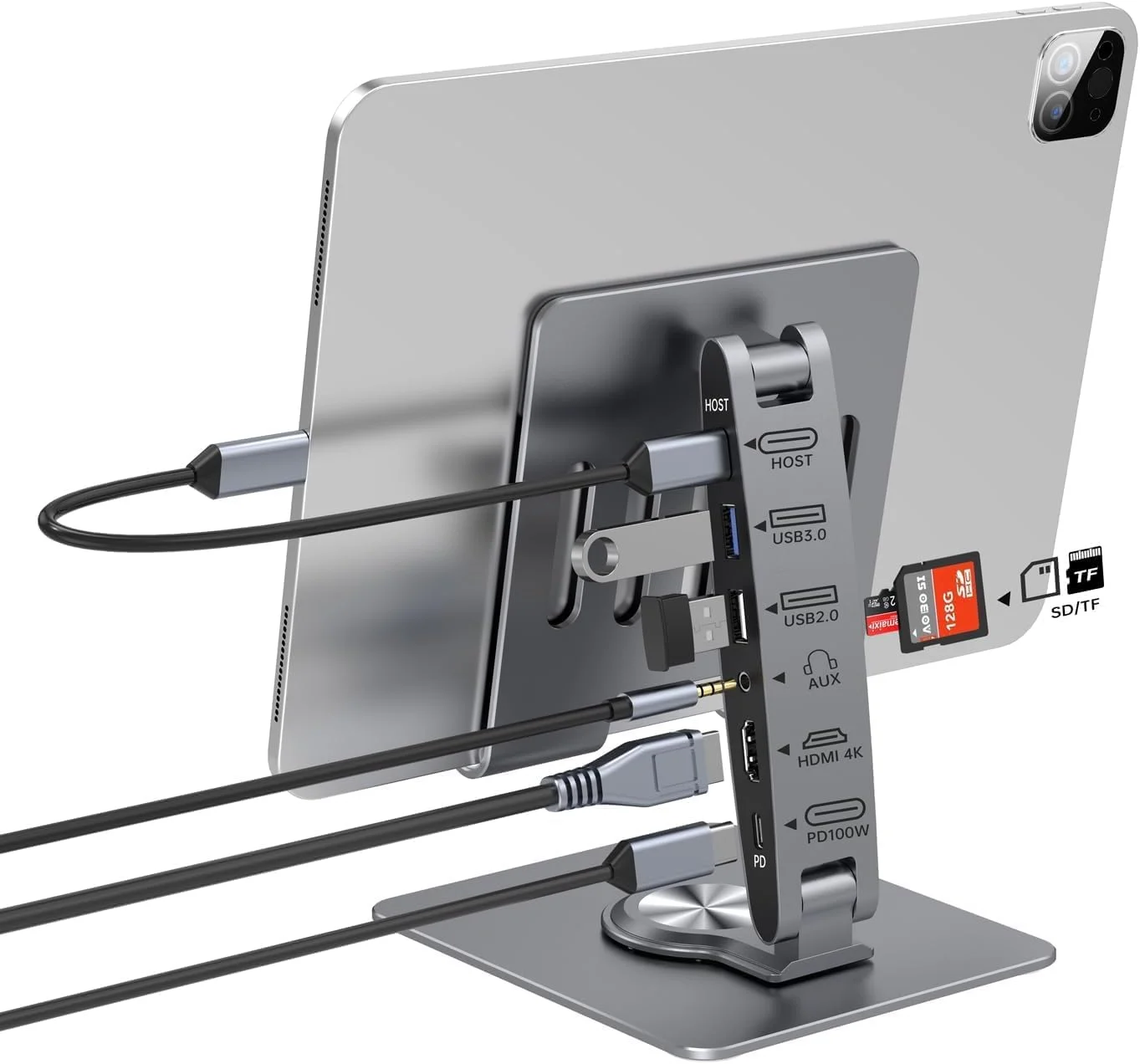 ایستگاه اتصال هاب USB C هفت در یک، پایه هاب، ایستگاه اتصال تبلت تاشو آیپد با HDMI 4K 30HZ، AUX 3.5 میلی متری، USB-A 3.0، 2 USB-A 2.0، اسلات کارت SD/TF، HOST (5G)، شارژ PD 100W ایستگاه اتصال هاب USB C هفت در یک، پایه هاب، ایستگاه اتصال تبلت تاشو آیپد با HDMI 4K 30HZ، AUX 3.5 میلی متری، USB-A 3.0، 2 USB-A 2.0، اسلات کارت SD/TF، HOST (5G)، شارژ PD 100W