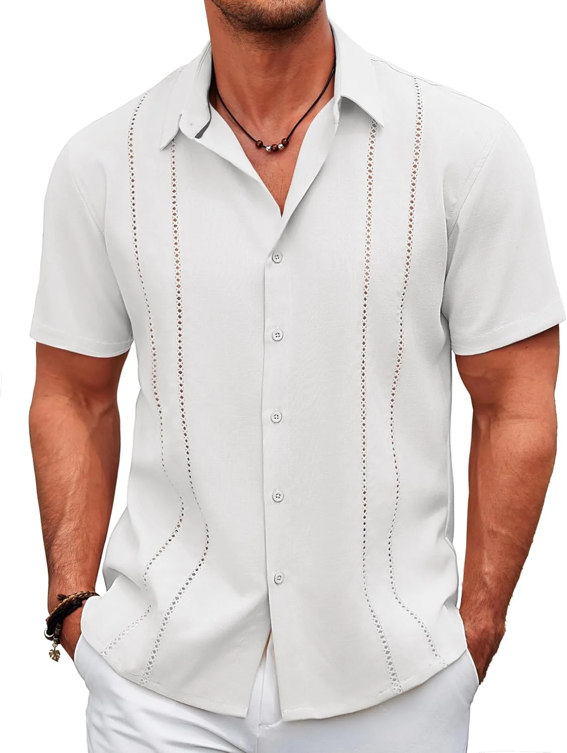 پیراهن مردانه کوبایی گایابرا COOFANDY آستین کوتاه دکمه دار مناسب ساحل و تابستان