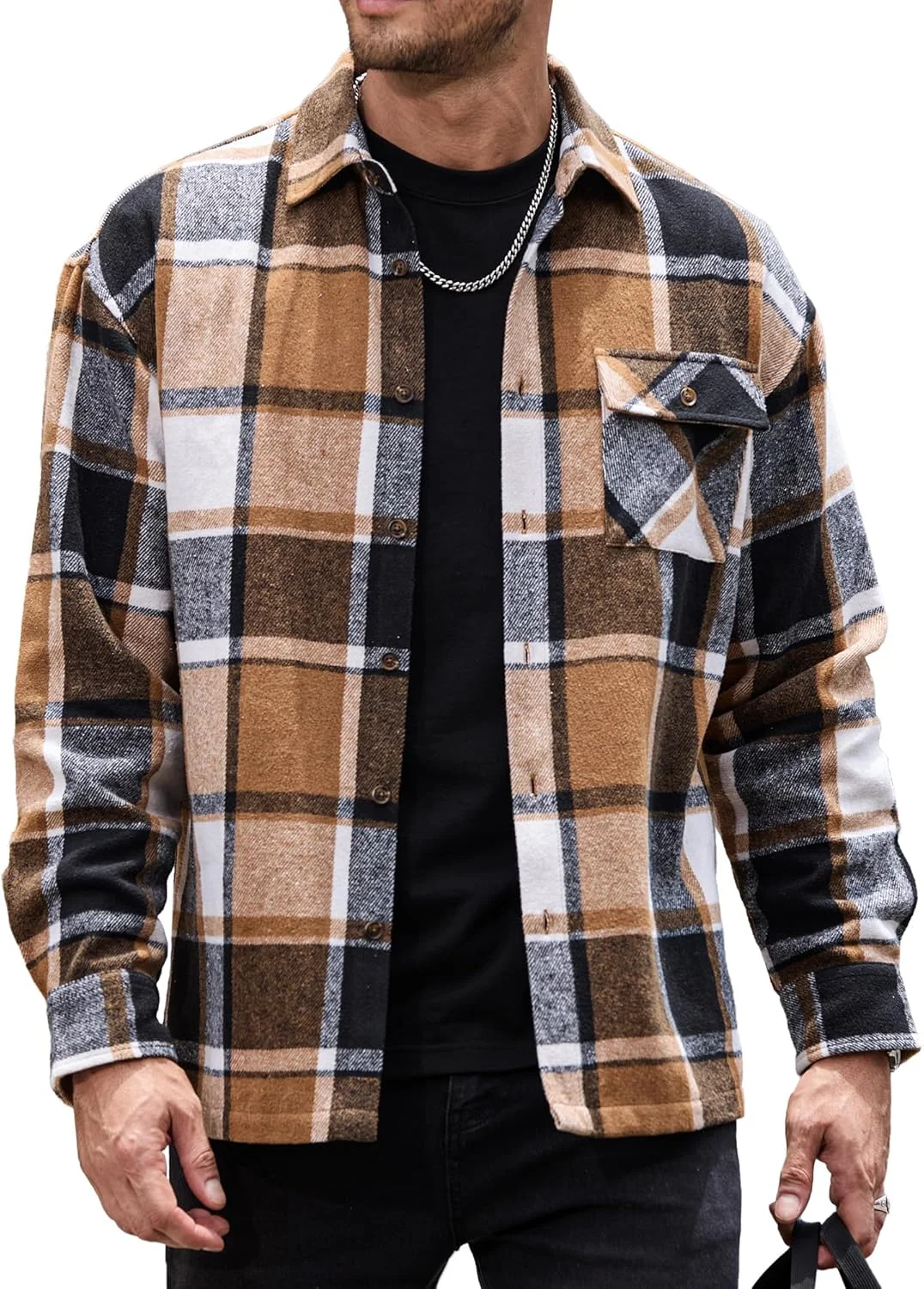 پیراهن های پشمی مردانه، کت های شکت غیررسمی دکمه دار آستین بلند چهارخانه، ژاکت های سبک وزن با جیب