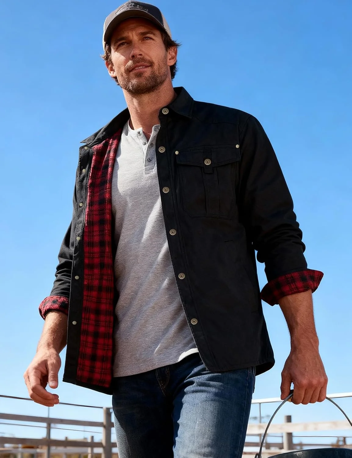 کت پیراهنی مردانه پشمی آستر دار Flygo، ژاکت سبک وزن دکمه دار، کت های مقاوم و مناسب فضای باز به سبک وسترن