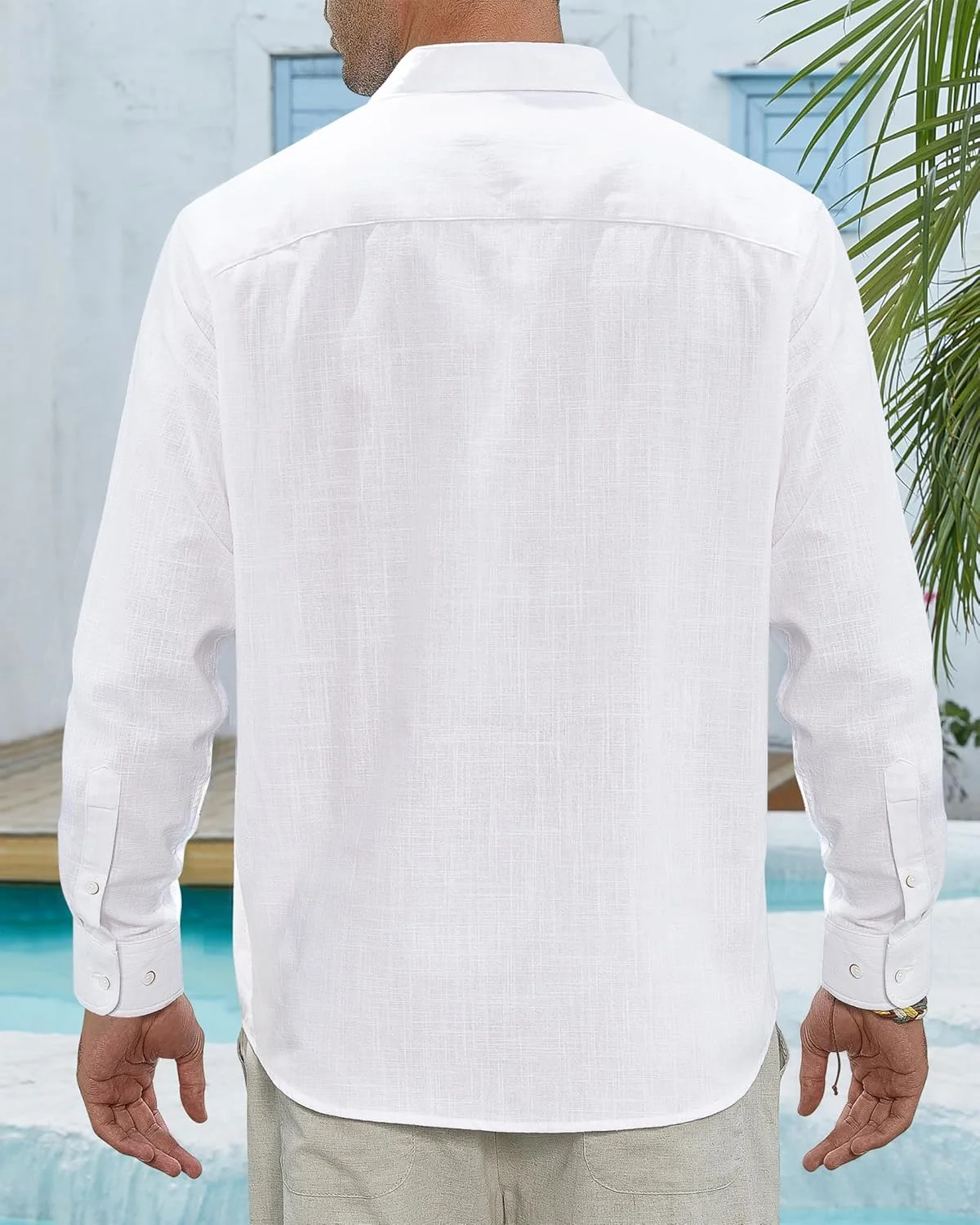 پیراهن مردانه کتان J.VER، آستین بلند دکمه دار، یقه کلاسیک، مناسب ساحل و تابستان، دارای جیب