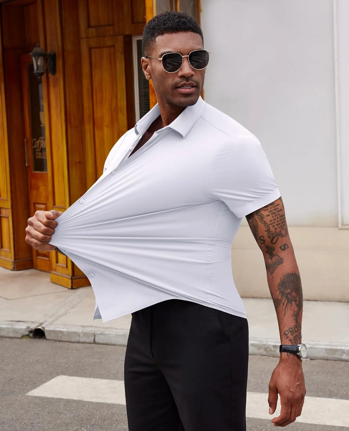 پیراهن مردانه کشی ناردو مدل Lion آستین کوتاه، اسلیم فیت، دکمه دار، مناسب استایل کژوال