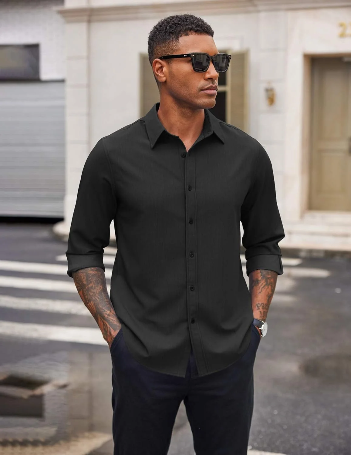 پیراهن مردانه آستین بلند دکمه دار غیررسمی، پیراهن جین بدون چروک پیراهن مردانه آستین بلند دکمه دار غیررسمی، پیراهن جین بدون چروک