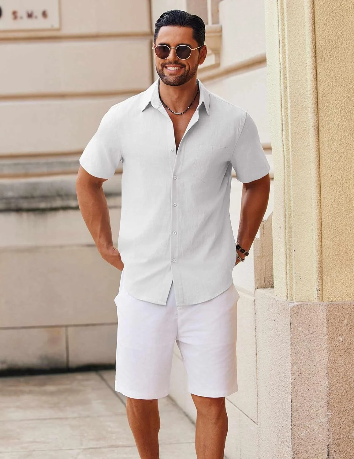 پیراهن مردانه دکمه دار آستین کوتاه غیر رسمی تعطیلات، پیراهن ساحلی کتان نخی سفید