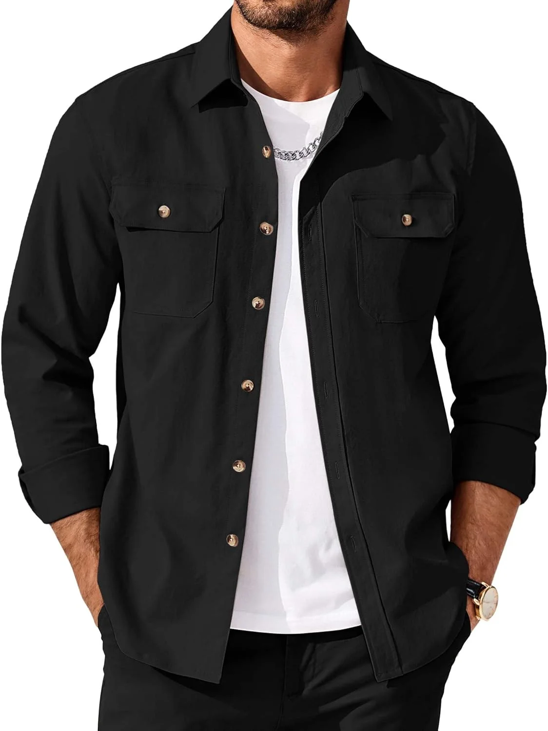 کت پیراهن مردانه COOFANDY مشکی، آستین بلند، دکمه دار، مدل معمولی