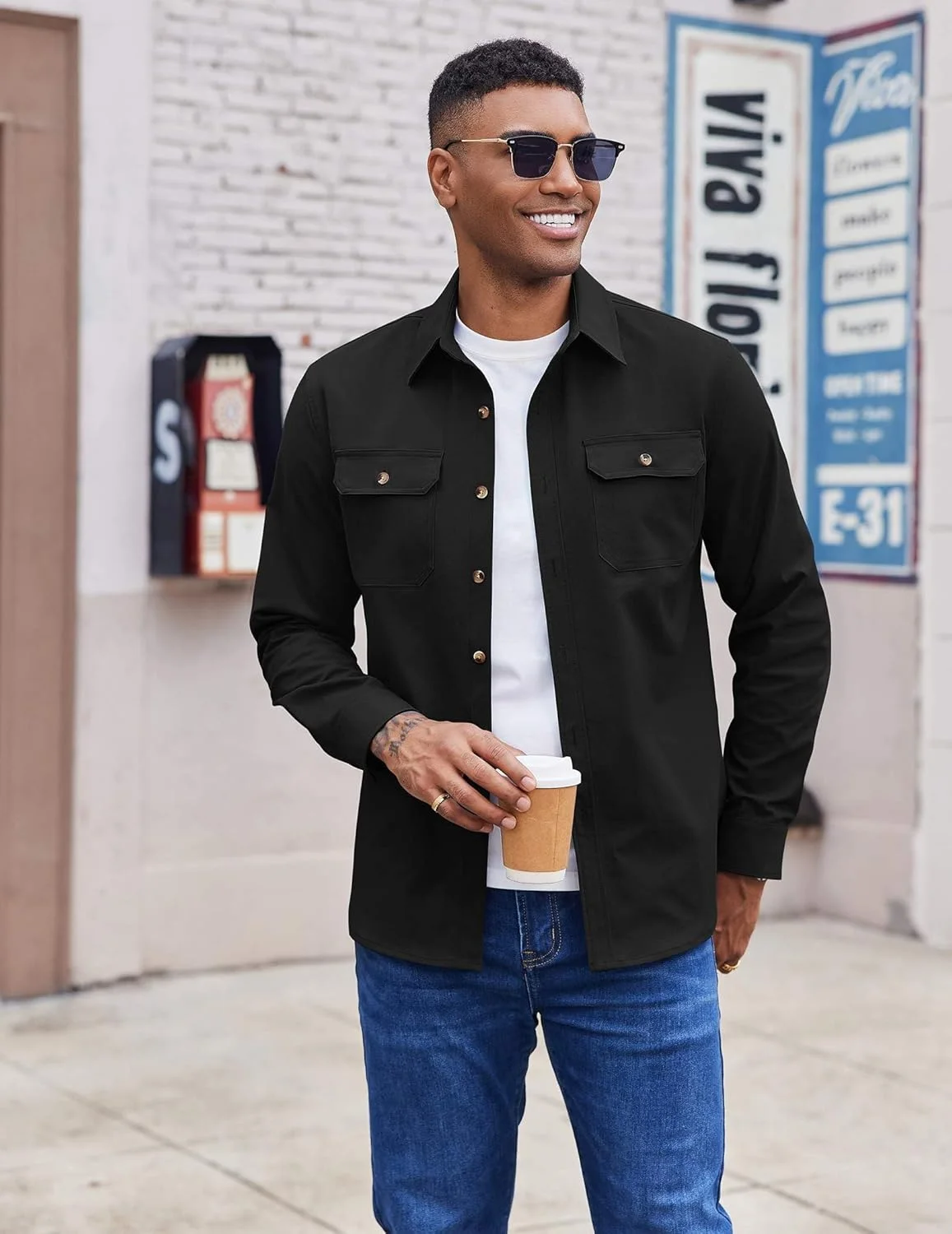 کت پیراهن مردانه COOFANDY مشکی، آستین بلند، دکمه دار، مدل معمولی کت پیراهن مردانه COOFANDY مشکی، آستین بلند، دکمه دار، مدل معمولی