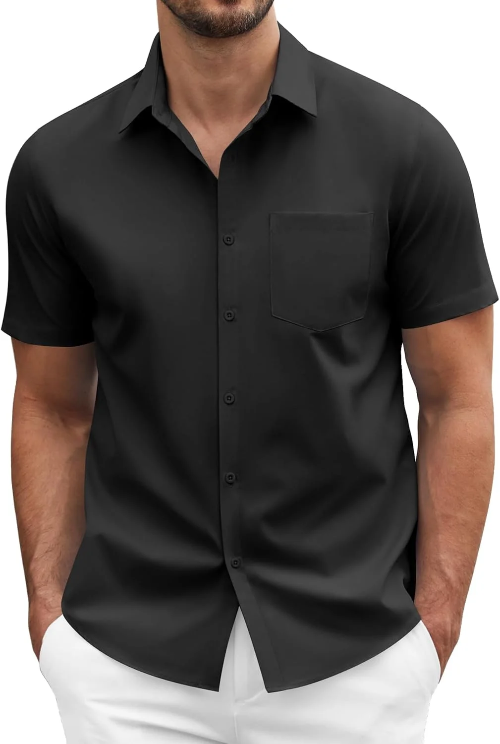 پیراهن مردانه آستین کوتاه COOFANDY مناسب تابستان، سبک، یقه دار، رسمی، مناسب جلسات کاری با جیب - مشکی XL