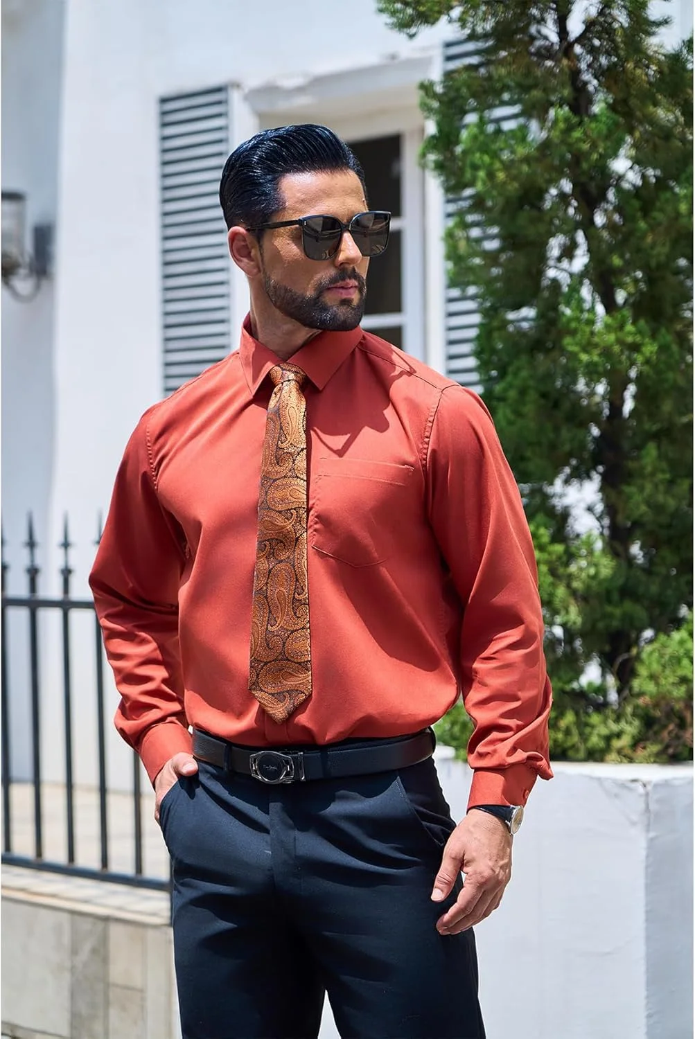 پیراهن مردانه باری.وانگ رنگ ثابت به همراه ست کراوات، مناسب برای مراسم رسمی و تجاری، پیراهن آستین بلند دکمه دار غیر رسمی 6 تکه