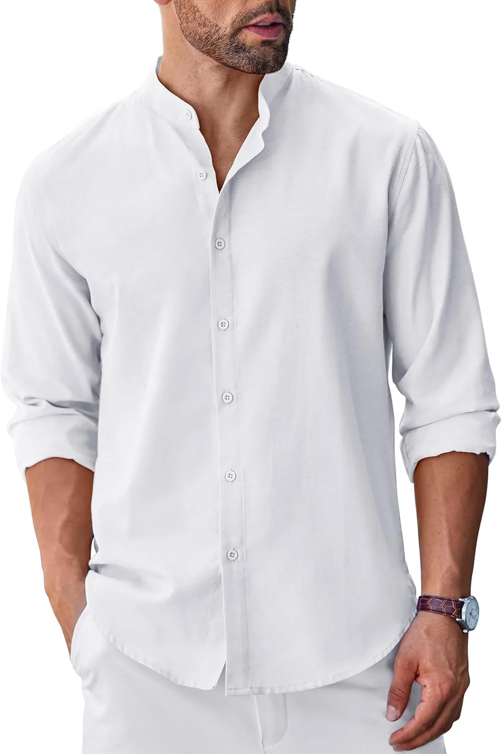 پیراهن مردانه آکسفورد دکمه دار COOFANDY، پیراهن رسمی اسلیم فیت با یقه ماندارین، پیراهن شامبری - سفید پیراهن مردانه آکسفورد دکمه دار COOFANDY، پیراهن رسمی اسلیم فیت با یقه ماندارین، پیراهن شامبری - سفید