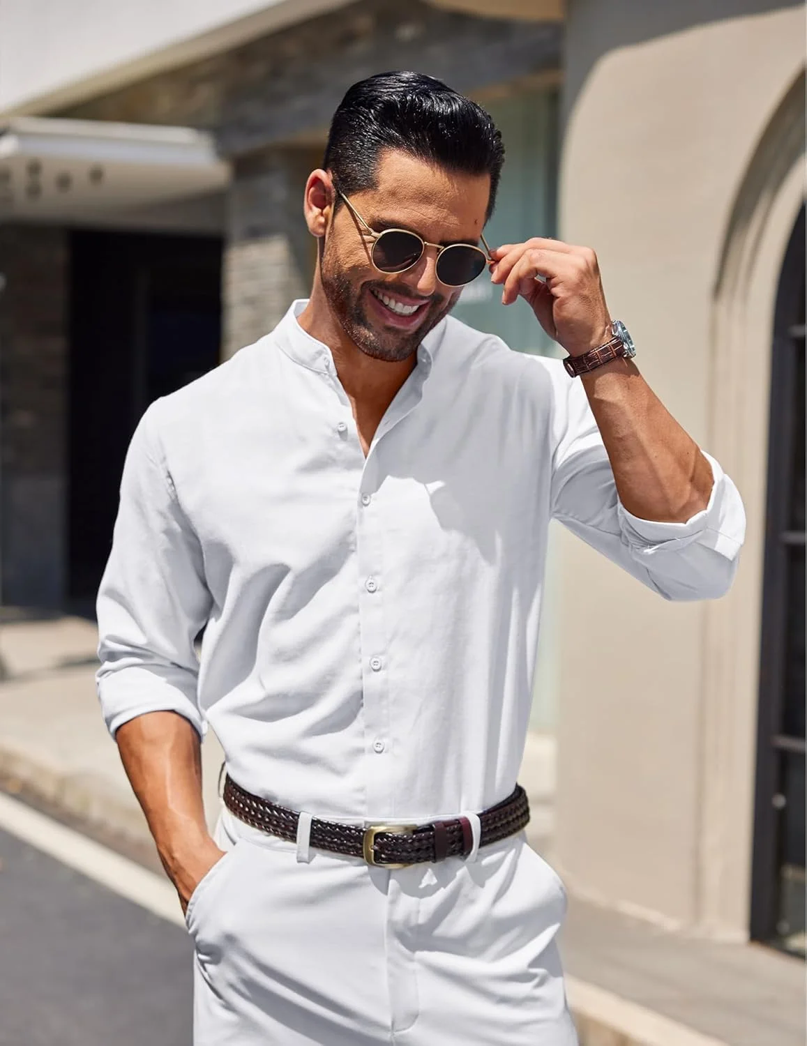 پیراهن مردانه آکسفورد دکمه دار COOFANDY، پیراهن رسمی اسلیم فیت با یقه ماندارین، پیراهن شامبری - سفید