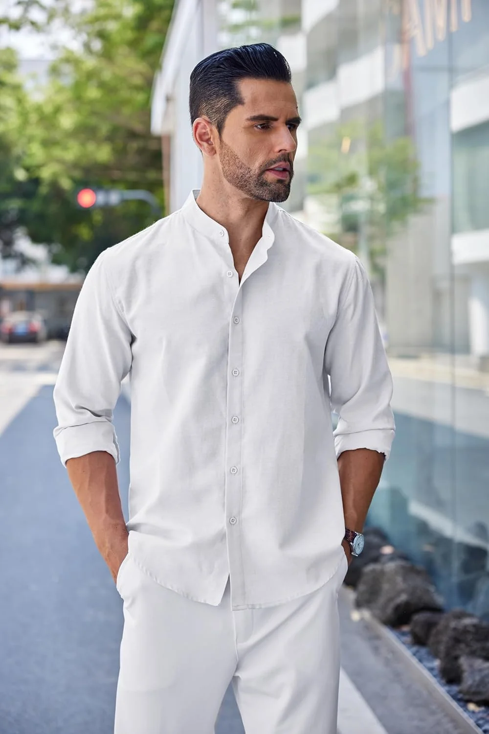 پیراهن مردانه آکسفورد دکمه دار COOFANDY، پیراهن رسمی اسلیم فیت با یقه ماندارین، پیراهن شامبری - سفید