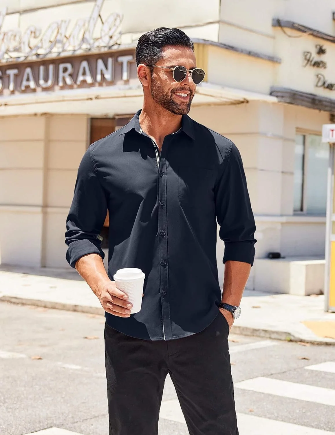 پیراهن مردانه آستین بلند دکمه دار غیر رسمی COOFANDY با جیب - سرمه ای پیراهن مردانه آستین بلند دکمه دار غیر رسمی COOFANDY با جیب - سرمه ای