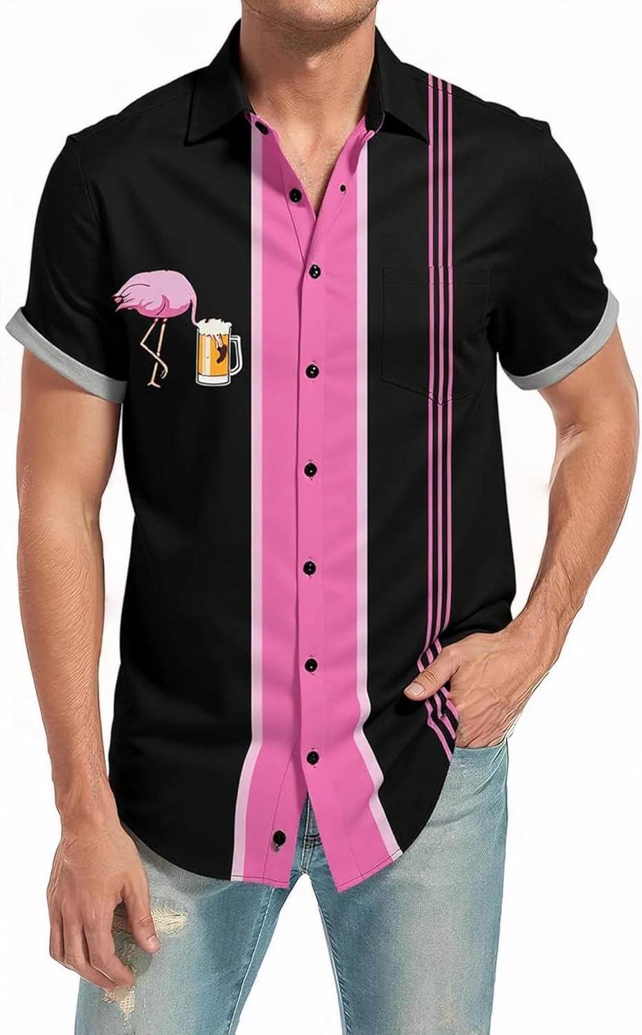 پیراهن مردانه طرح بولینگ مدل یکپارچه دکمه دار با طرح فلامینگو