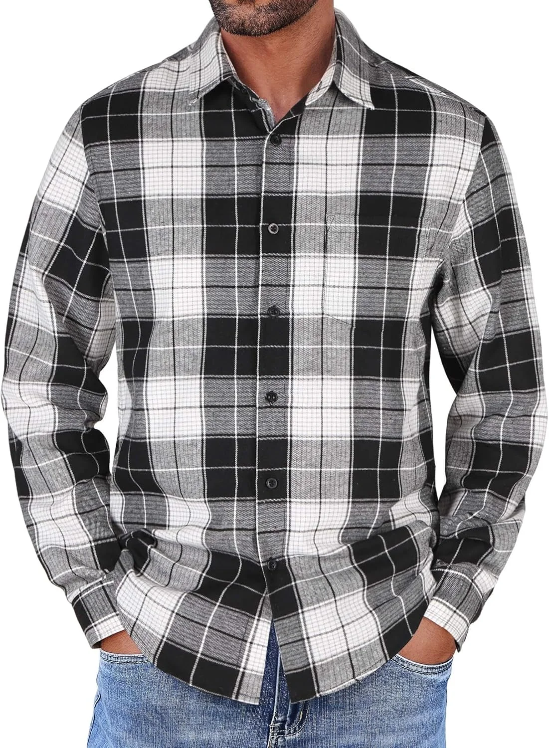پیراهن فلانل آستین بلند مردانه COOFANDY، سبک وزن با جیب، پیراهن های دکمه دار چهارخانه، پیراهن های شیک غیر رسمی، مشکی و سفید، سایز بزرگ