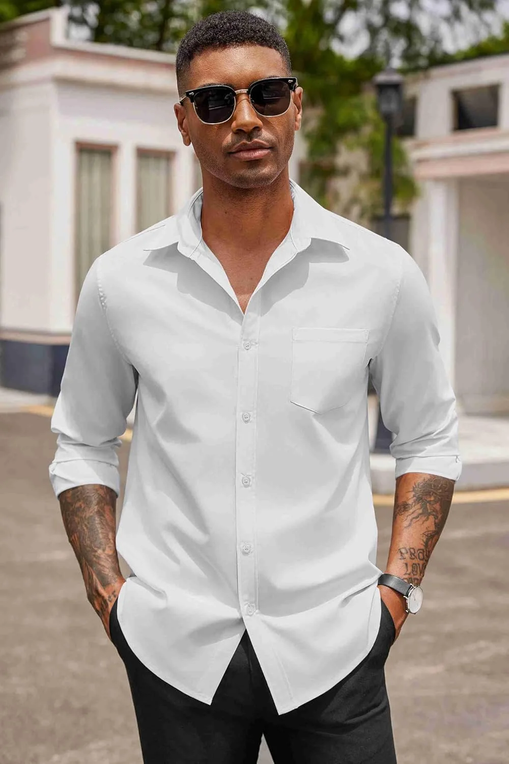 پیراهن مردانه آستین بلند دکمه دار غیر رسمی COOFANDY، مناسب استایل مدرن، بدون چروک، آکسفورد، سفید، سایز L