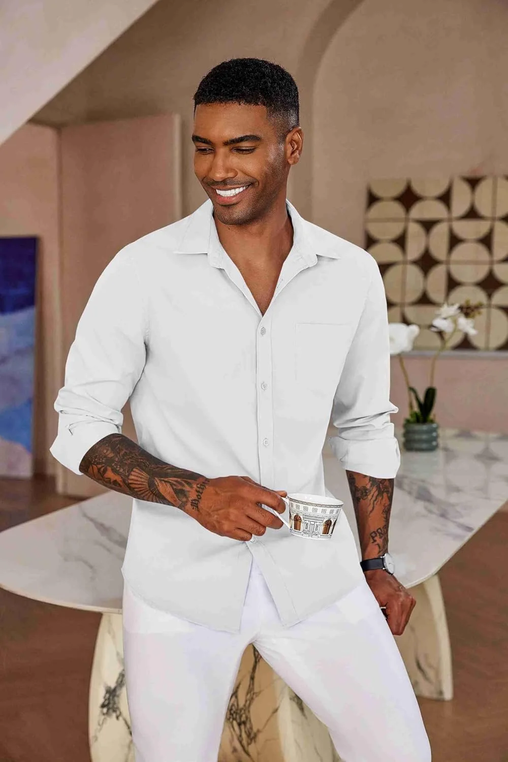 پیراهن مردانه آستین بلند دکمه دار غیر رسمی COOFANDY، مناسب استایل مدرن، بدون چروک، آکسفورد، سفید، سایز L