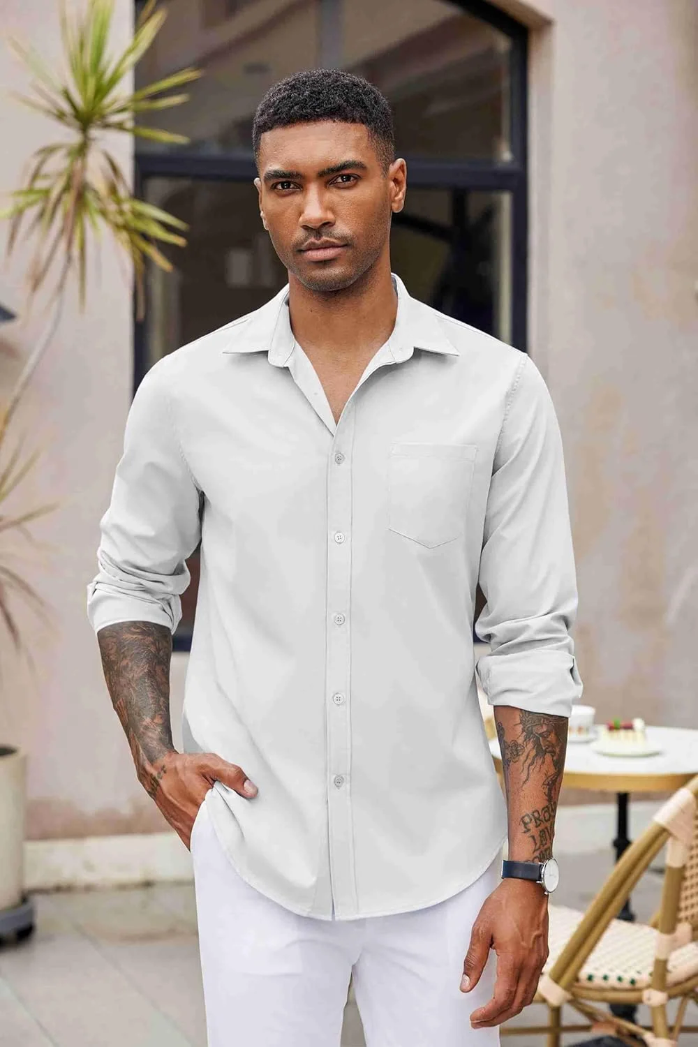پیراهن مردانه آستین بلند دکمه دار غیر رسمی COOFANDY، مناسب استایل مدرن، بدون چروک، آکسفورد، سفید، سایز L