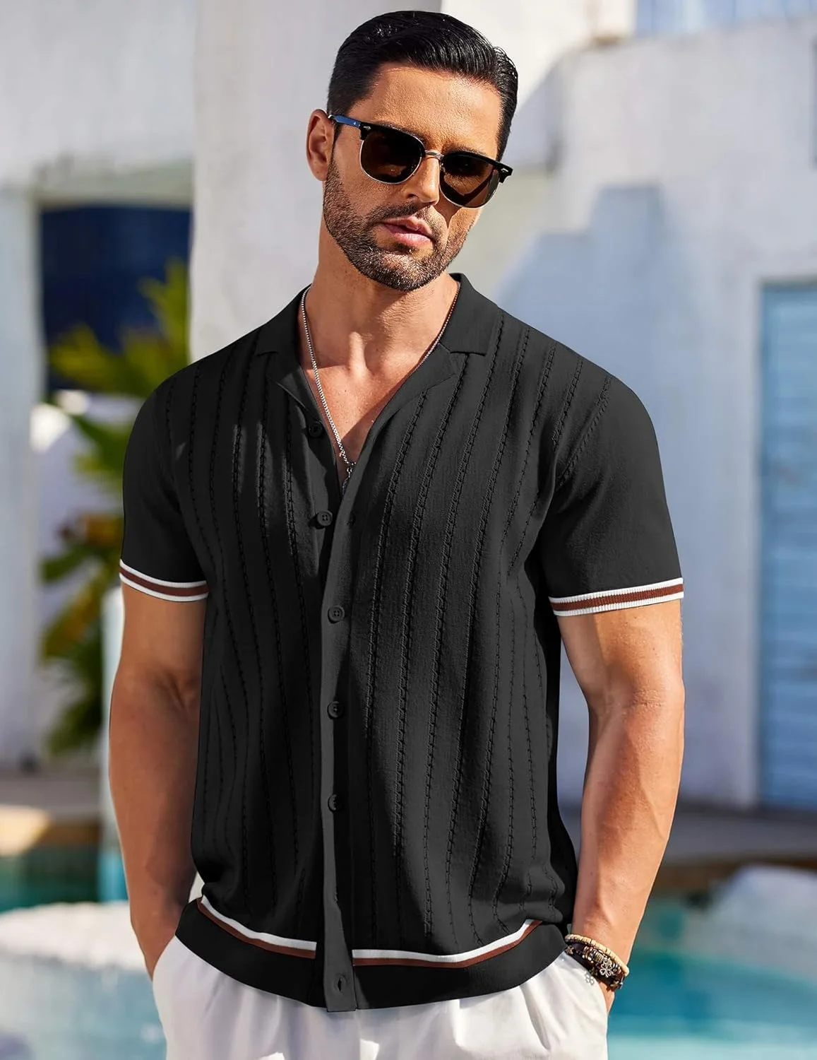 پیراهن آستین کوتاه بافتنی مردانه کوفندی، پیراهن دکمه دار غیر رسمی، تاپ های بافتنی راه راه وینتیج مناسب ساحل و گلف پیراهن آستین کوتاه بافتنی مردانه کوفندی، پیراهن دکمه دار غیر رسمی، تاپ های بافتنی راه راه وینتیج مناسب ساحل و گلف