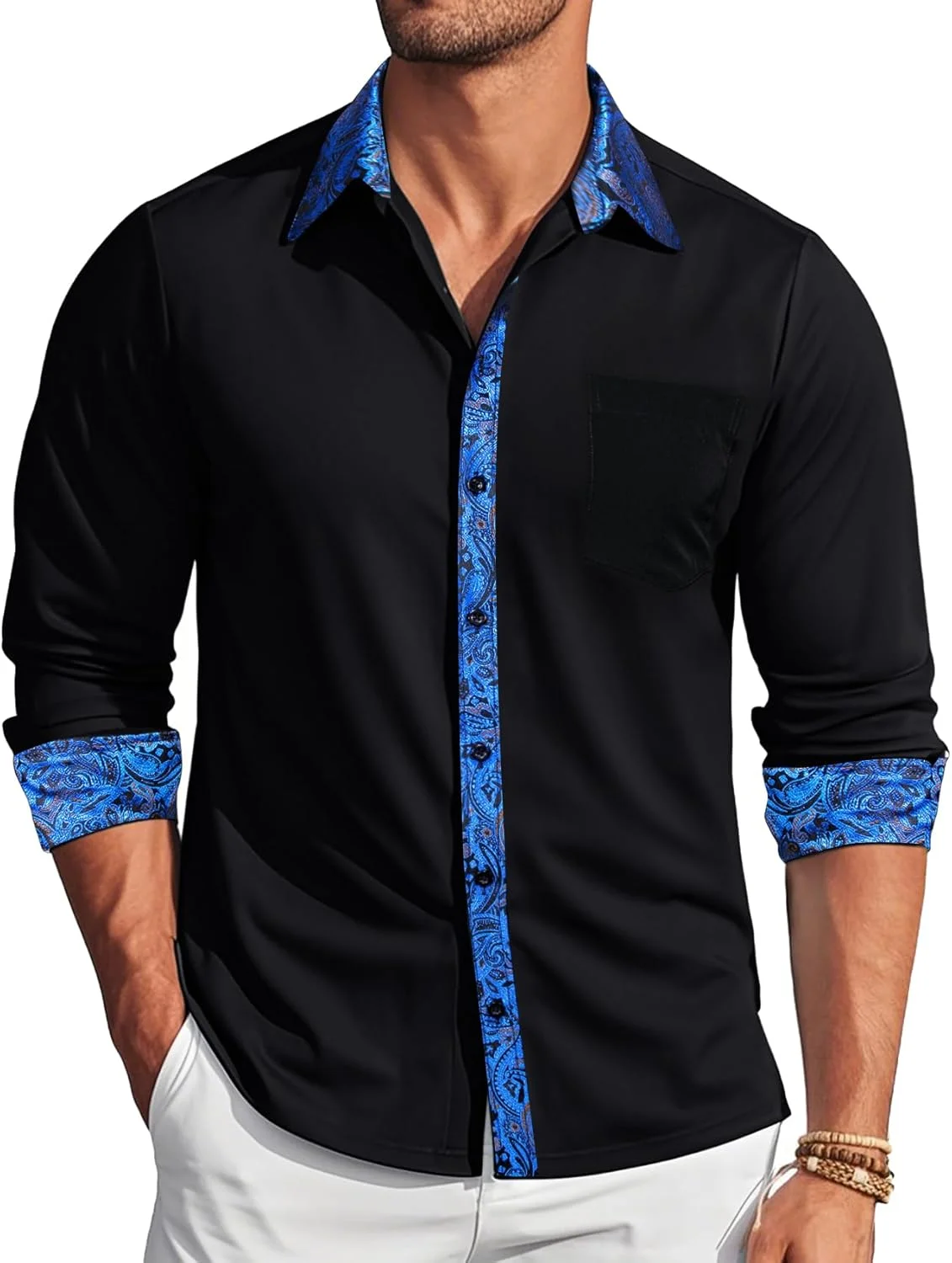 پیراهن های مشکی مردانه Barry.Wang، آستین بلند دکمه دار رسمی و غیر رسمی، مناسب مهمانی و دورهمی
