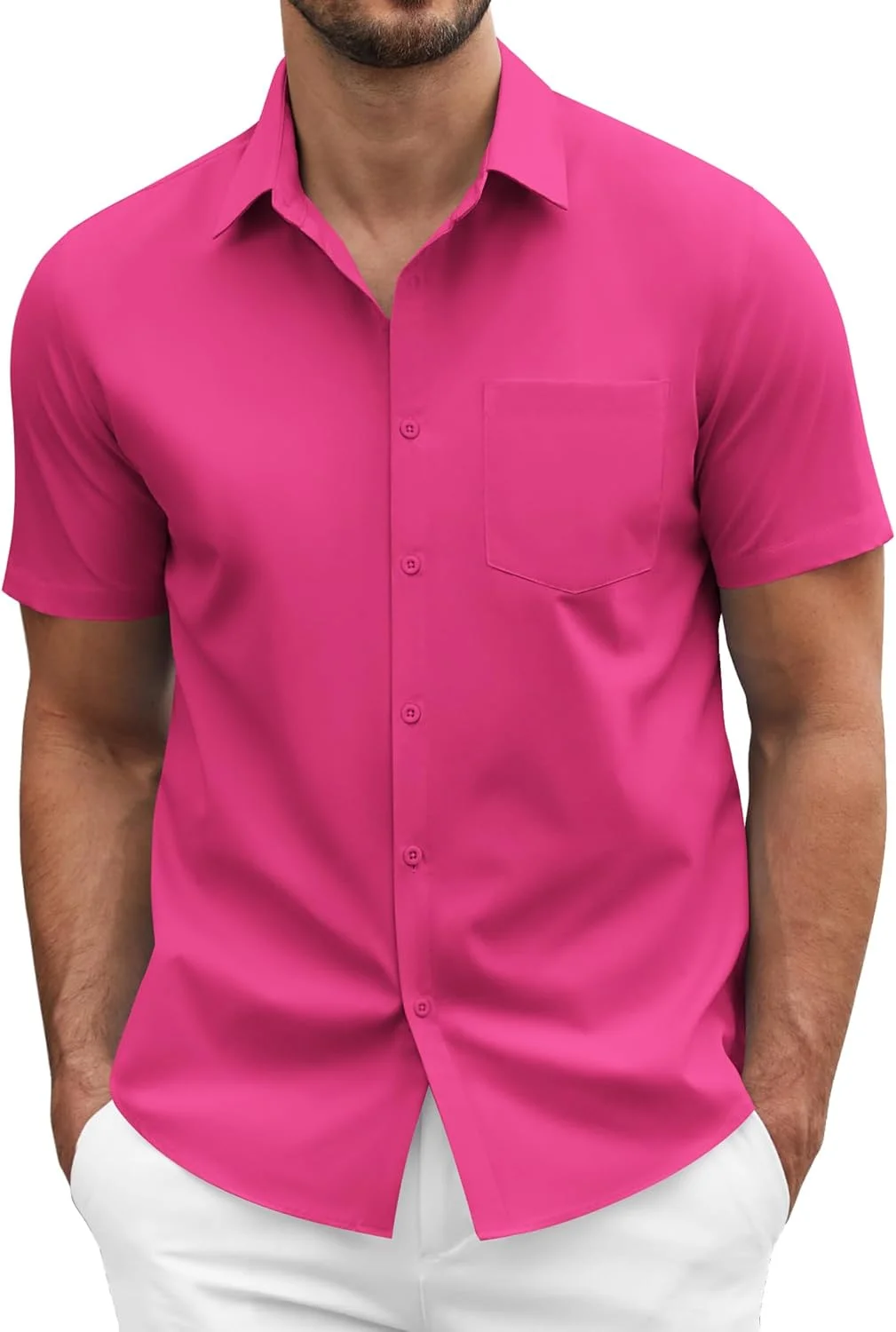 پیراهن های مردانه Coofandy، آستین کوتاه تابستانی، سبک، یقه دار، مناسب جلسات رسمی و کاری، دارای جیب، صورتی روشن، قرمز گل رز، صورتی تند، سایز XL