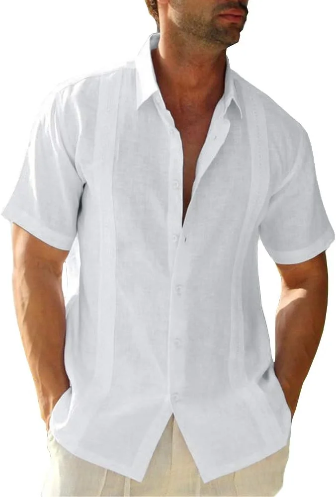 پیراهن آستین کوتاه مردانه دکمه دار، مناسب ساحل و استایل هیپی، جنس کتان و لینن