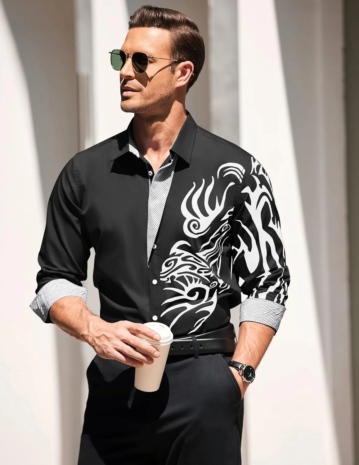 پیراهن مردانه دکمه دار طرح دار آستین بلند غیر رسمی