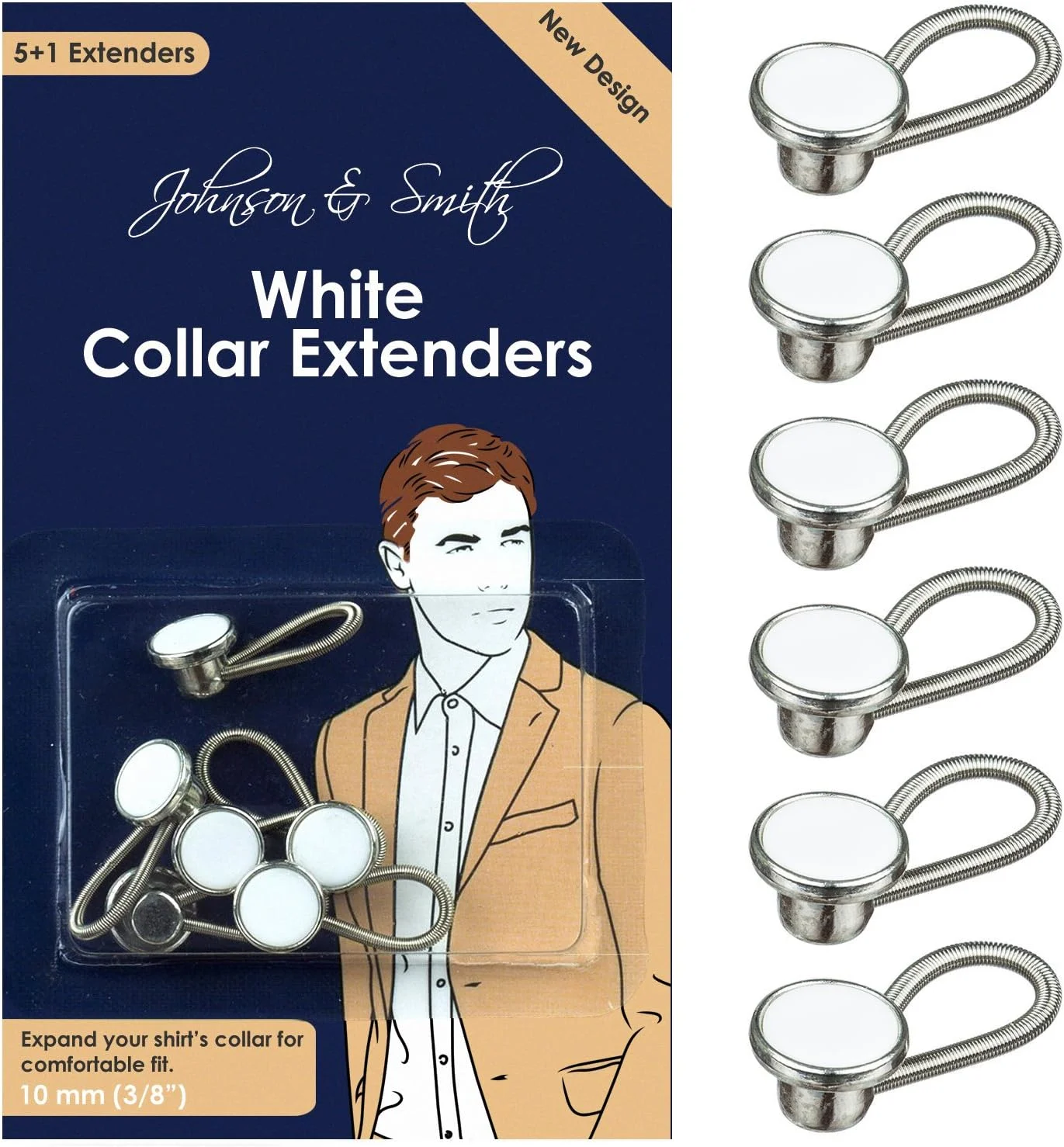 افزایش دهنده یقه فلزی سفید جانسون و اسمیت، افزایش دهنده سایز گردن برای افزایش 1/2 سایز پیراهن های مردانه، بسته 6 عددی، 3/8 اینچ