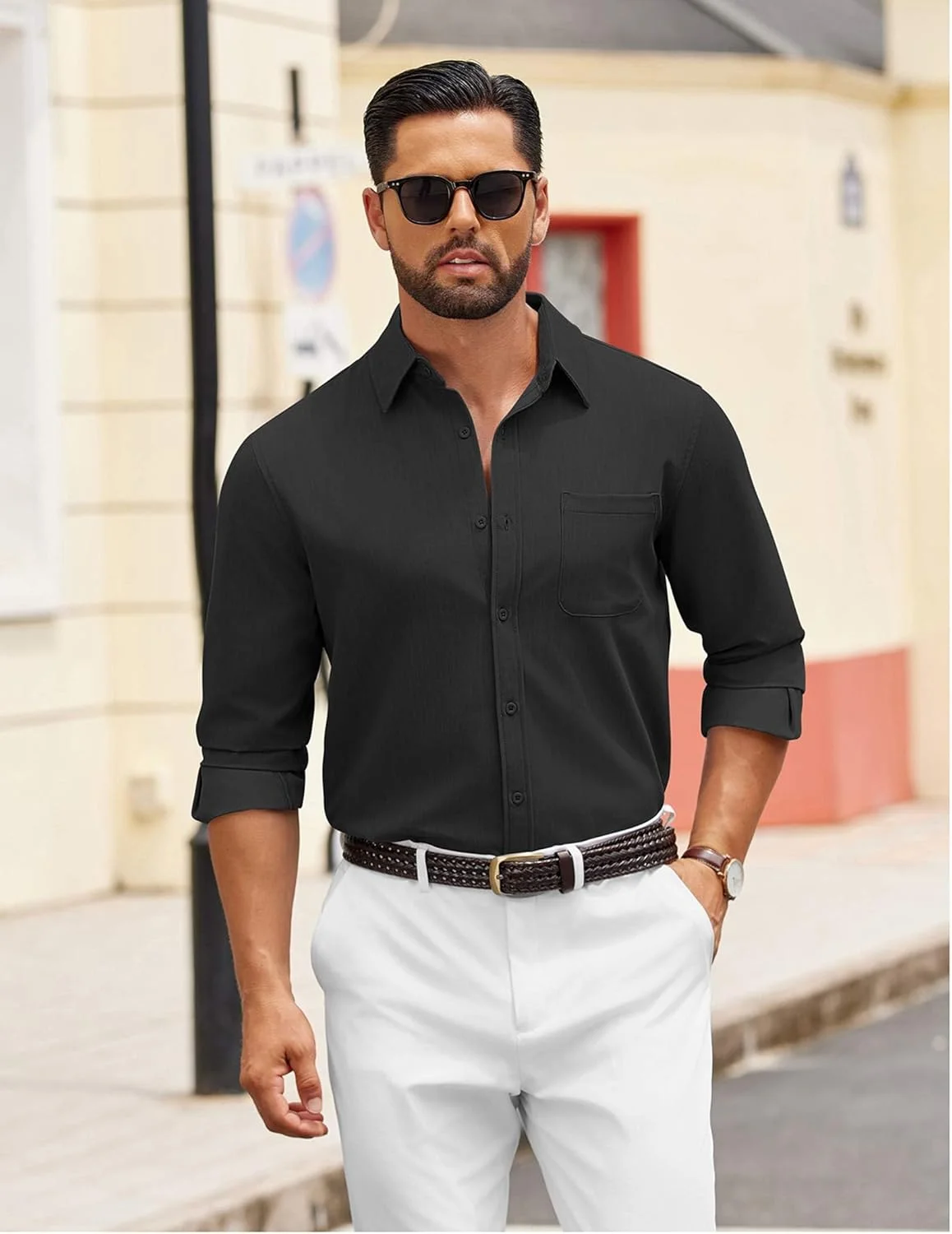 پیراهن آستین بلند مردانه COOFANDY، مدل آکسفورد، کتان، مناسب استفاده روزمره و محیط کار، دارای جیب