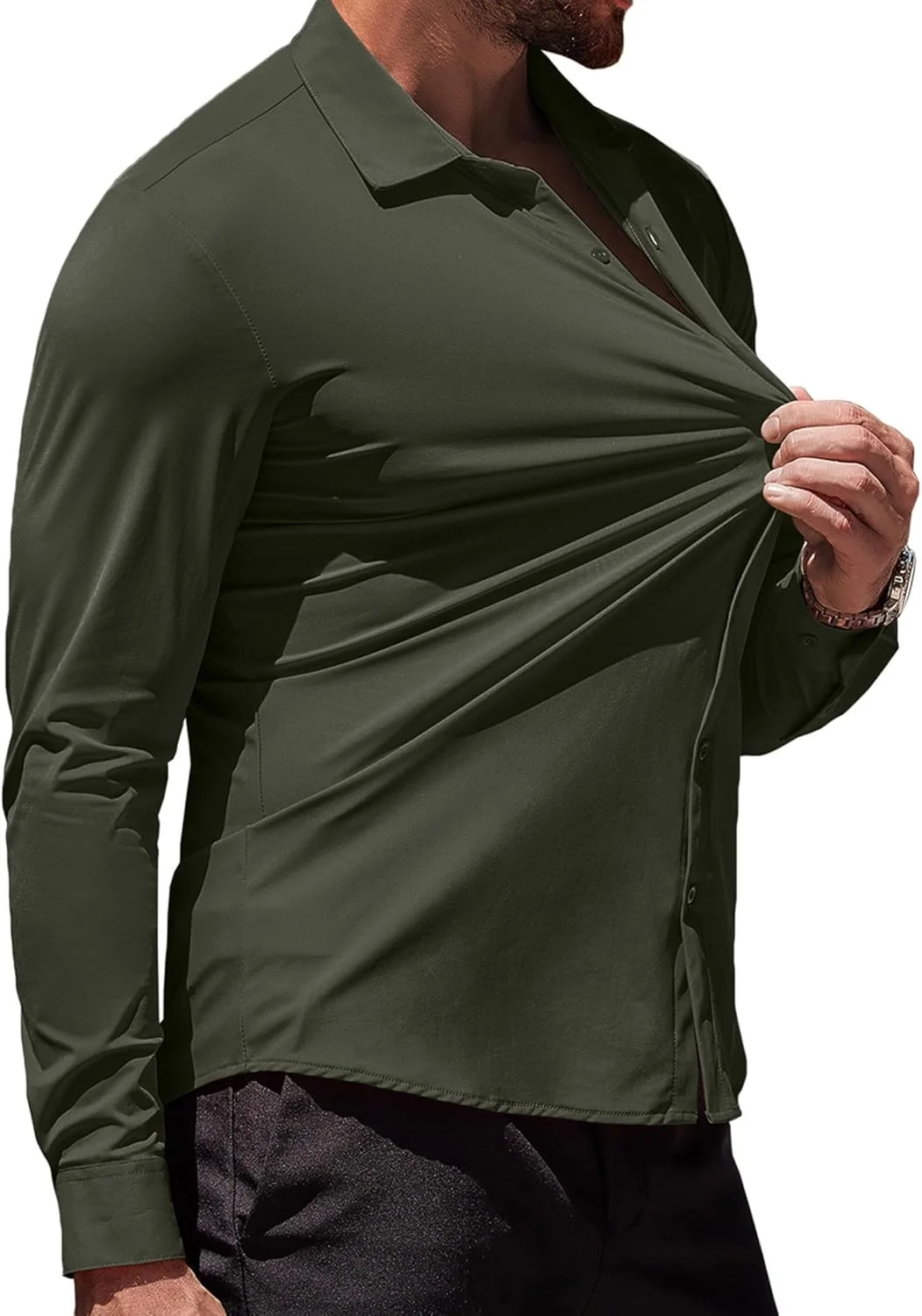 پیراهن مردانه دکمه دار COOFANDY، پیراهن آستین بلند مناسب اندام ورزشی و بدون چروک، رنگ سبز زیتونی