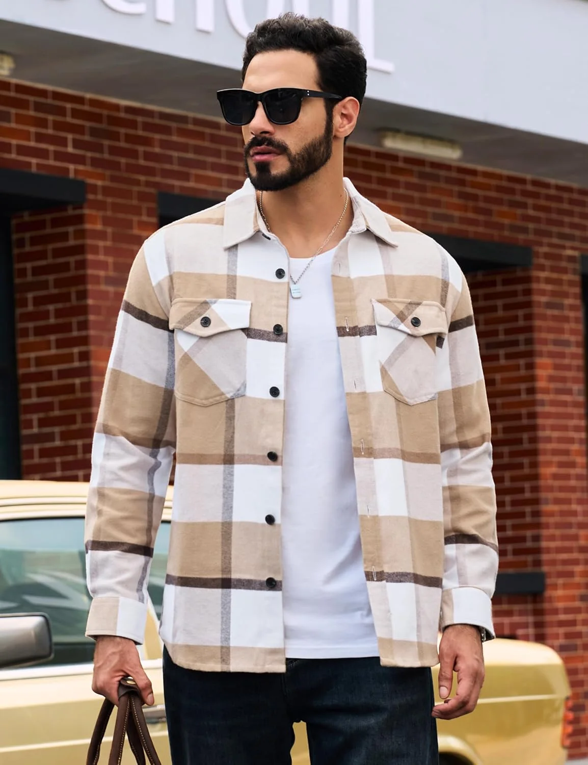 پیراهن های فلانل مردانه TACVASEN، پیراهن های فلانل پشمی برس خورده، ژاکت دکمه دار، پیراهن چهارخانه کژوال نخی نرم مناسب پاییز