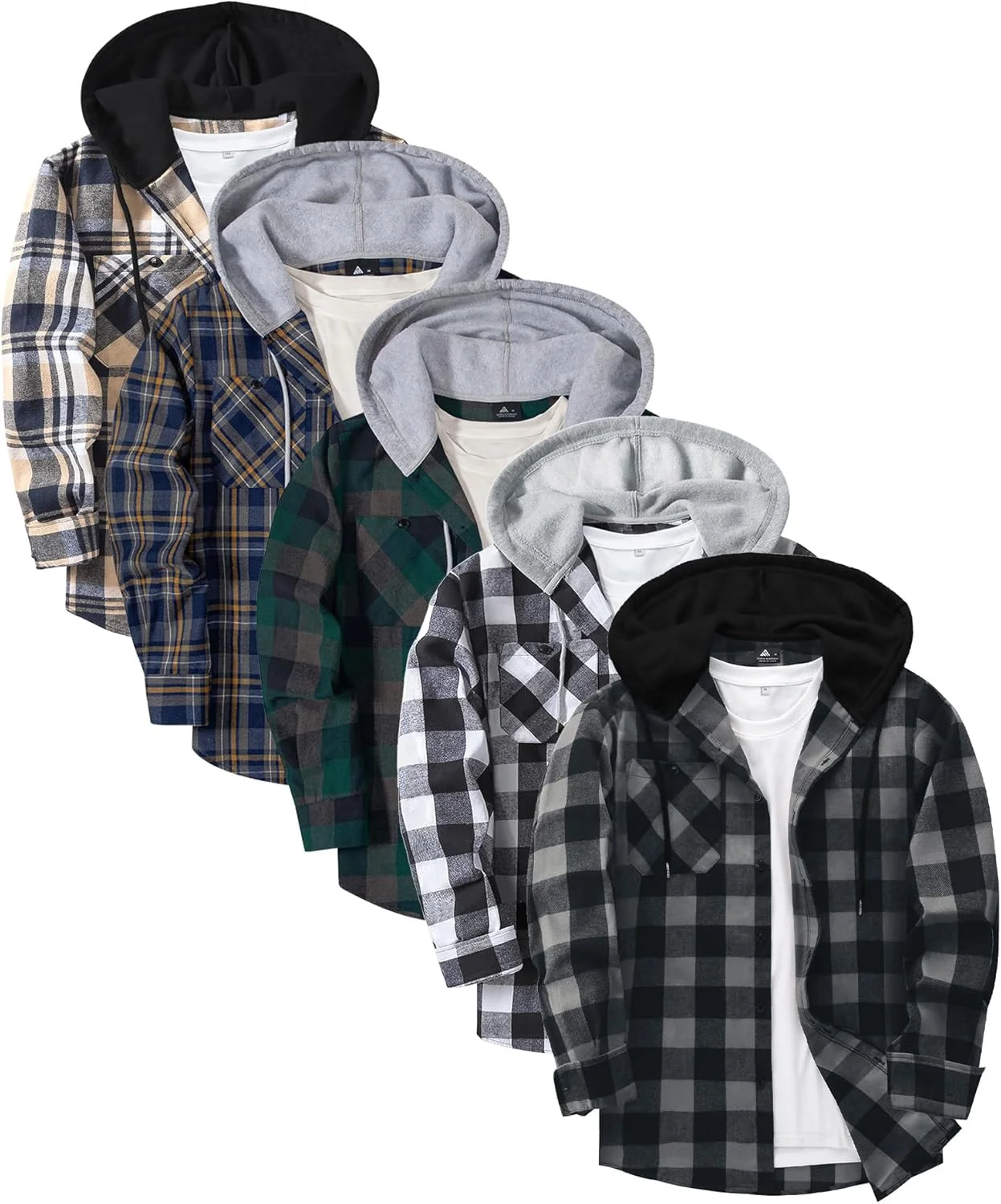 ست 5 عددی پیراهن مردانه پشمی چهارخانه کلاه دار مناسب پاییز، دکمه دار آستین بلند شیک با جیب ست 5 عددی پیراهن مردانه پشمی چهارخانه کلاه دار مناسب پاییز، دکمه دار آستین بلند شیک با جیب