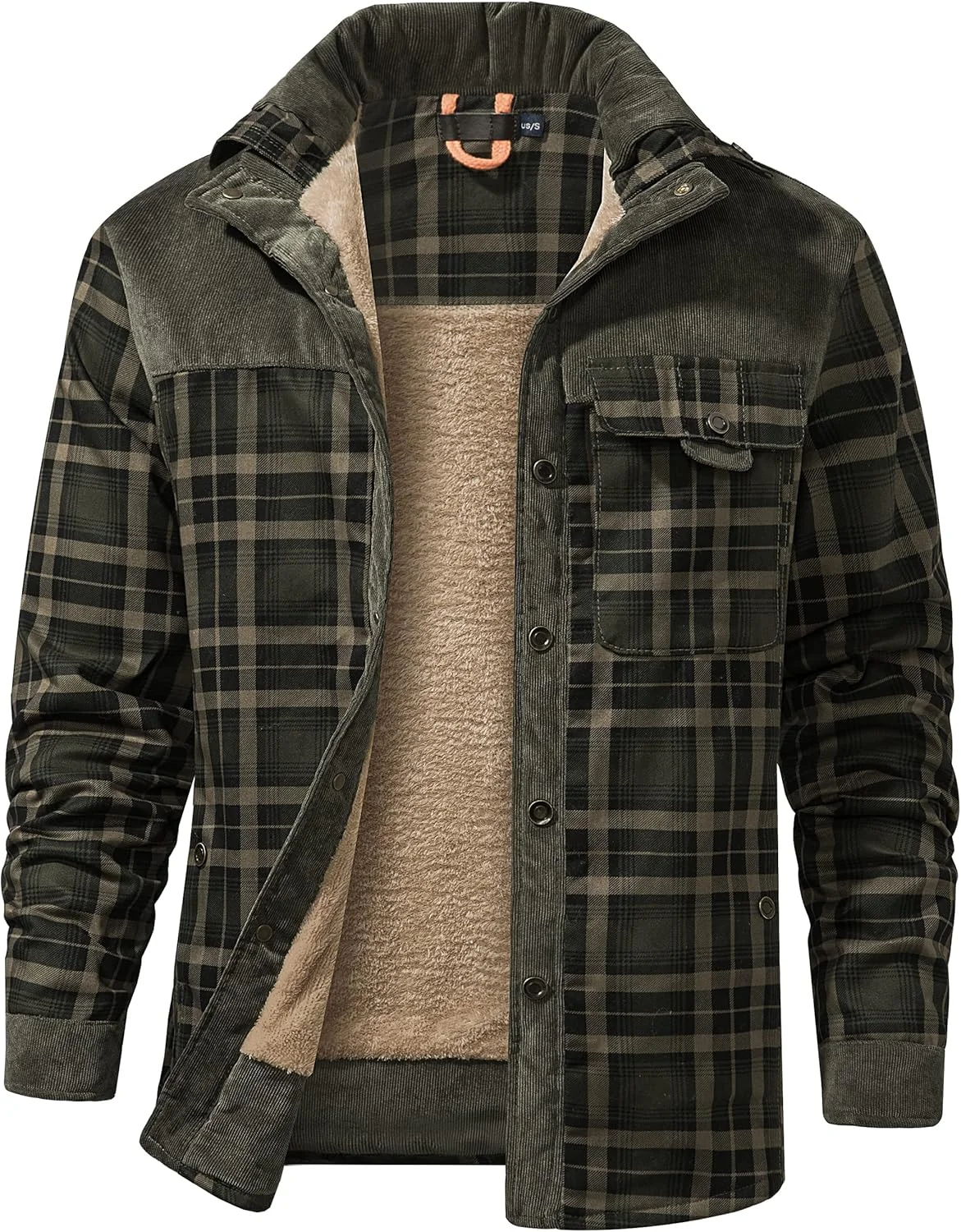 کت پیراهن مردانه پشمی چهارخانه Flygo با آستر شرپا، دکمه فشاری، مناسب برای گرم نگه داشتن در زمستان به همراه جیب