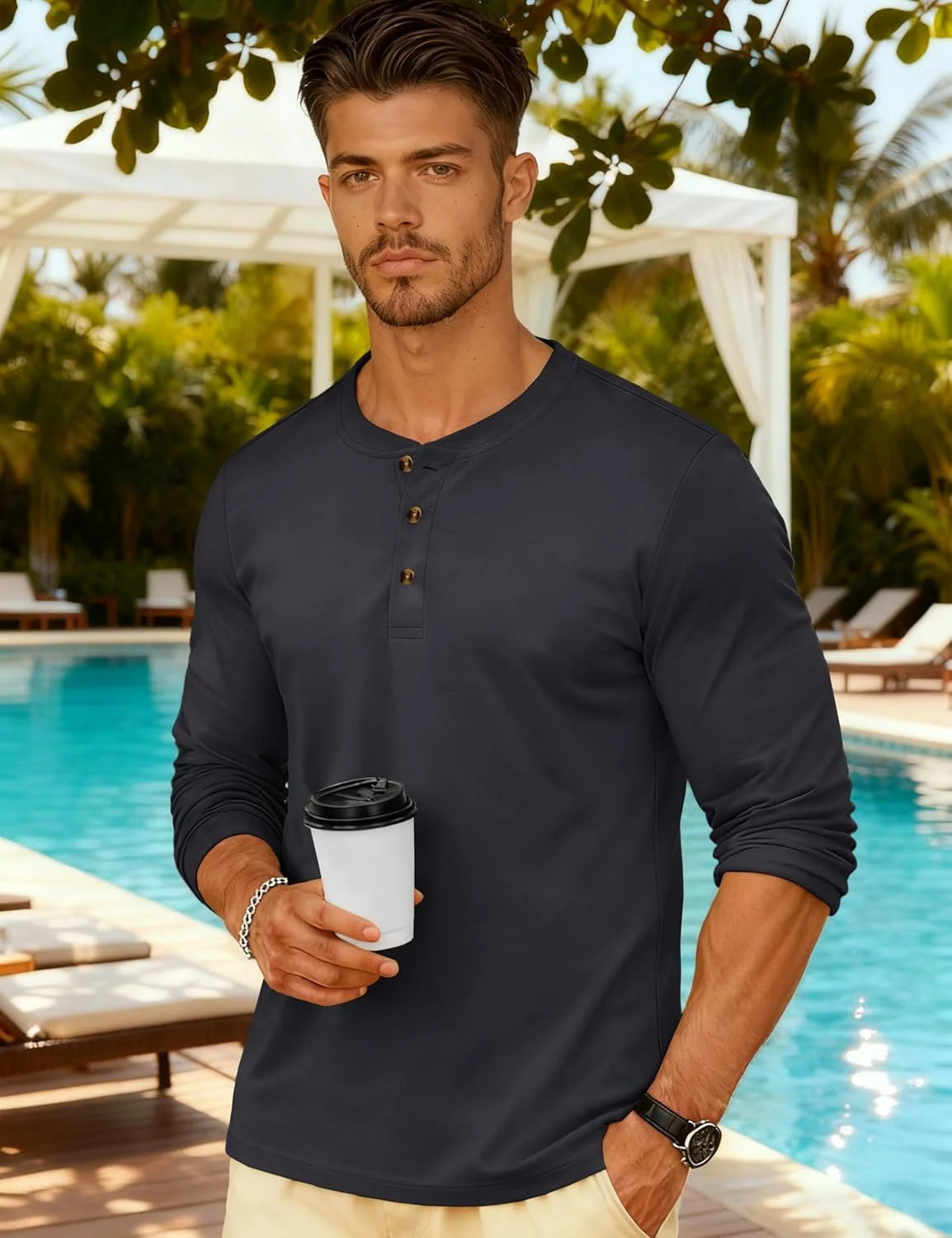 تی شرت آستین بلند مردانه مگنیویت، پنبه ای، سه دکمه، مناسب پاییز، تیشرت های غیر رسمی، رنگ ثابت، نرم و پایه