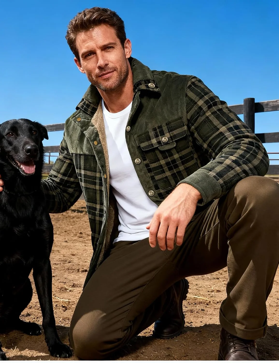 کت پیراهن مردانه پشمی چهارخانه Flygo با آستر شرپا، دکمه فشاری، مناسب برای گرم نگه داشتن در زمستان به همراه جیب