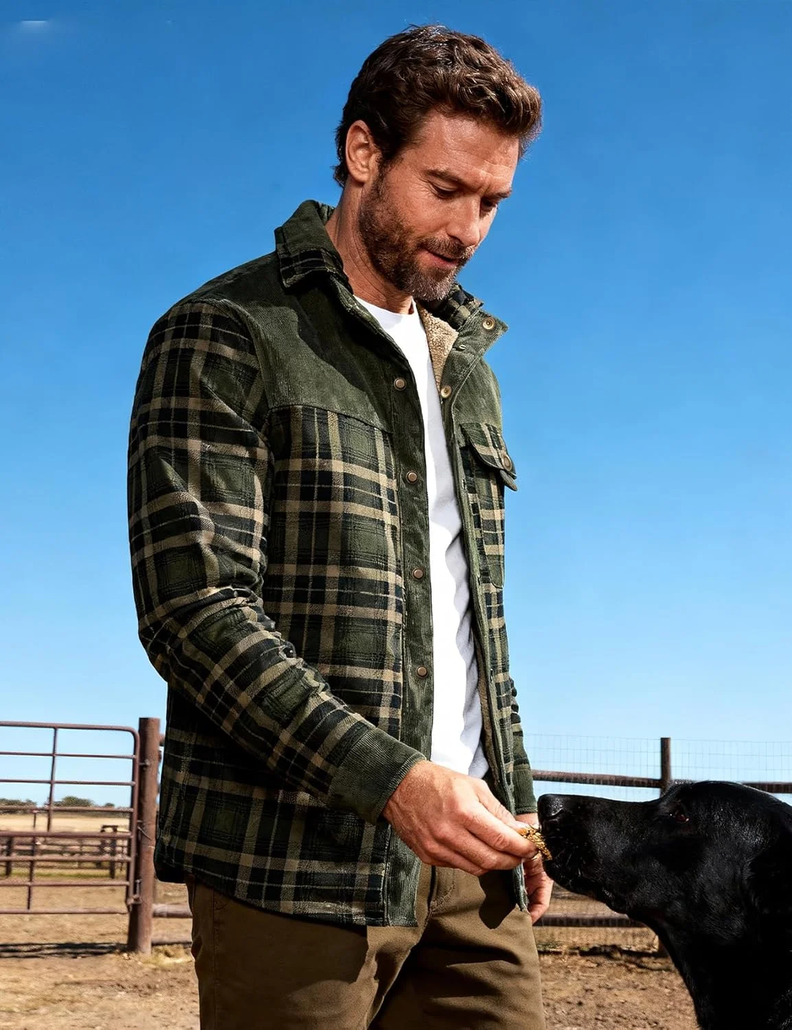 کت پیراهن مردانه پشمی چهارخانه Flygo با آستر شرپا، دکمه فشاری، مناسب برای گرم نگه داشتن در زمستان به همراه جیب