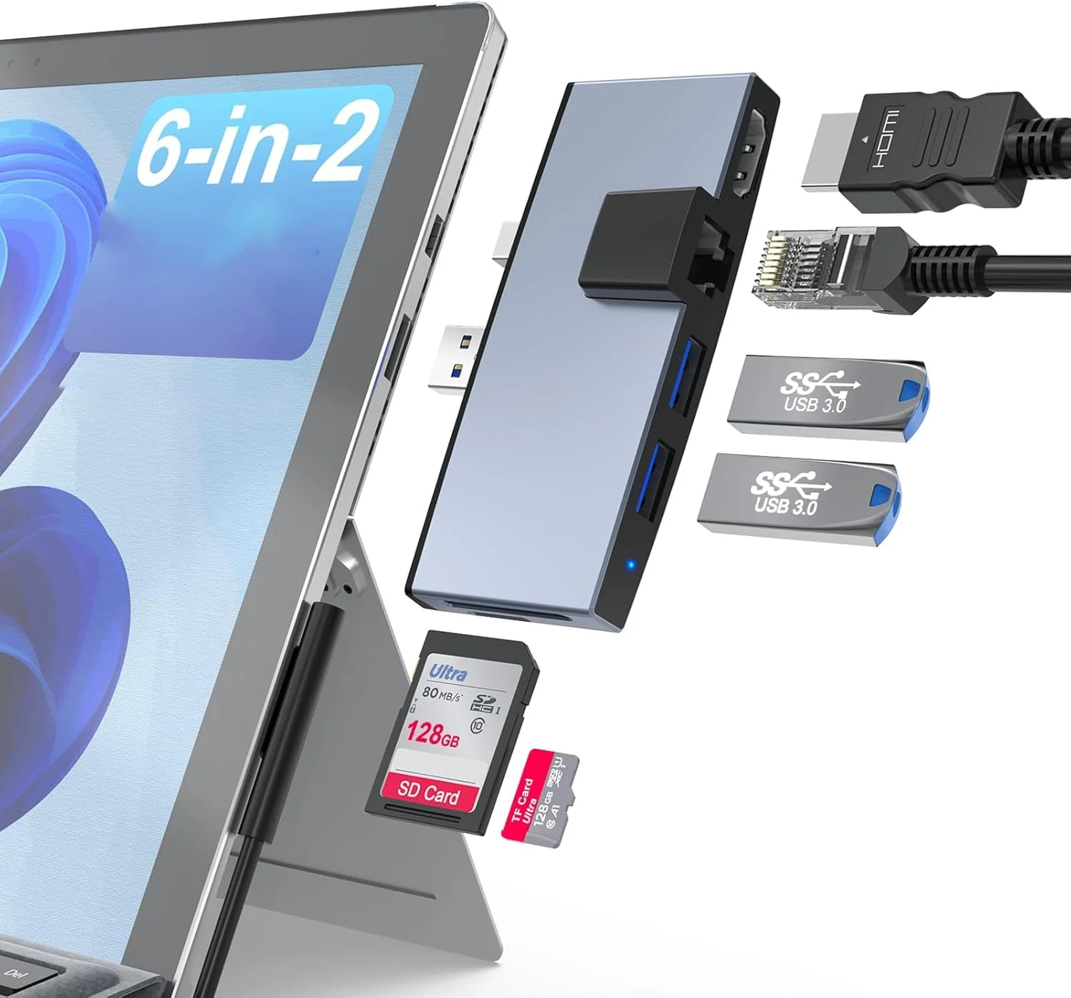 NALACAL داک استیشن 6 در 2 سرفیس پرو 4 5 6، هاب داک سرفیس پرو مایکروسافت برای پرو 4 پرو 5 پرو 6، با پورت اترنت 100 مگابیت بر ثانیه، پورت HDMI 4K، 2 پورت USB 3.0، آداپتور کارت SD/TF سرفیس پرو 6/5/4