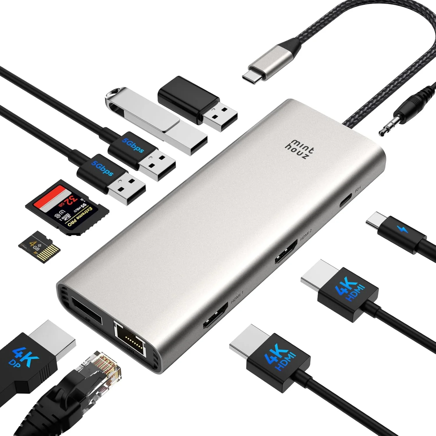 داک استیشن USB C مینتهوز، داک استیشن 12 در 1 برای HP Lenovo Dell، دارای 4 پورت USB، خروجی 4K @ 144HZ DP + Dual HDMI، پورت Thunderbolt 3/4 با توان 100 وات، Gigabit LAN/SD/TF/3.5 mm، مناسب برای لپ تاپ/تبلت
