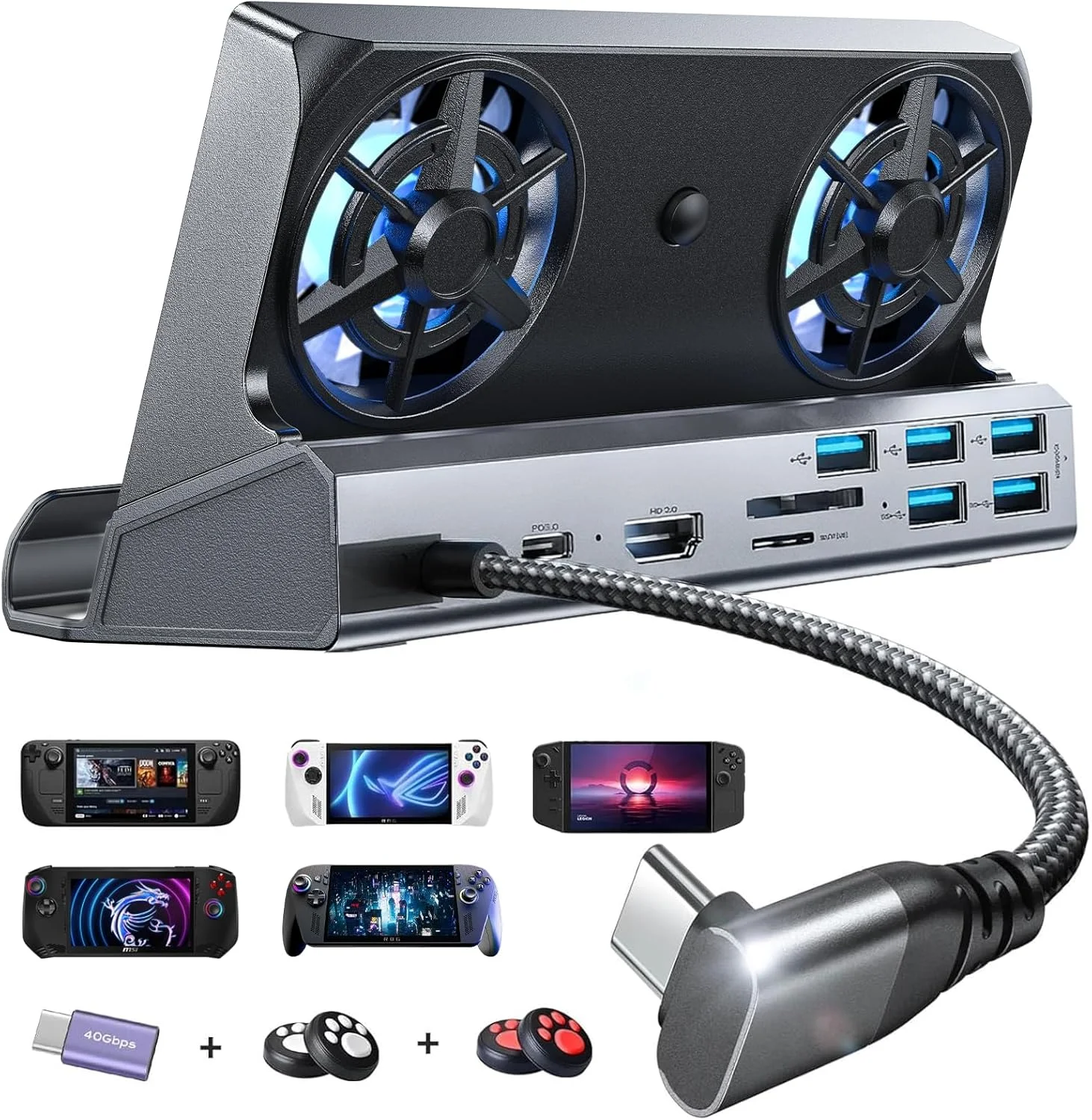 ایستگاه اتصال ۱۰ در ۱ LISEN برای Steam Deck OLED، ROG Ally X و Legion Go، دارای دو فن خنک کننده، ۵ پورت USB، خروجی 4K@60Hz، پورت شارژ ۱۰۰ واتی با پشتیبانی از حالت ۳۰ واتی ROG Ally، اترنت گیگابیتی مناسب برای Steam Deck OLED