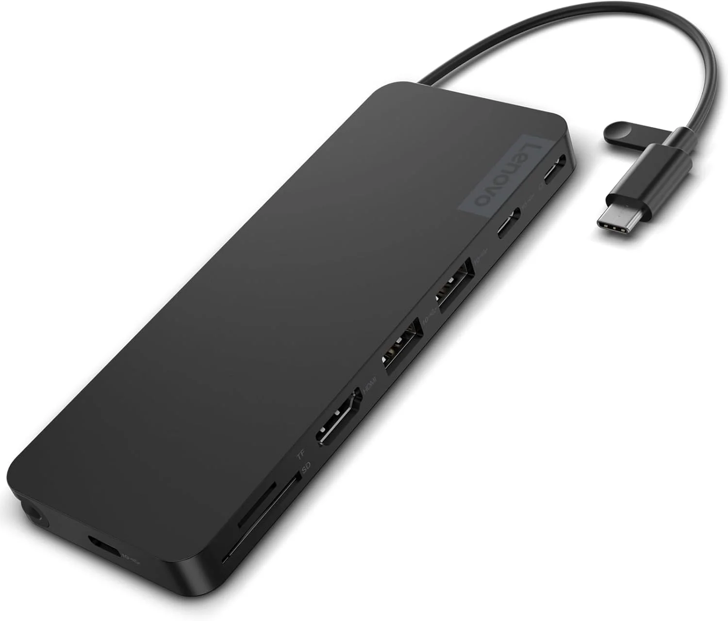 داک مسافرتی باریک USB-C لنوو، 8 پورت، توان عبوری PD تا 65 وات، کابل USB-C یکپارچه، پشتیبانی از نمایشگر 4K، مشکی