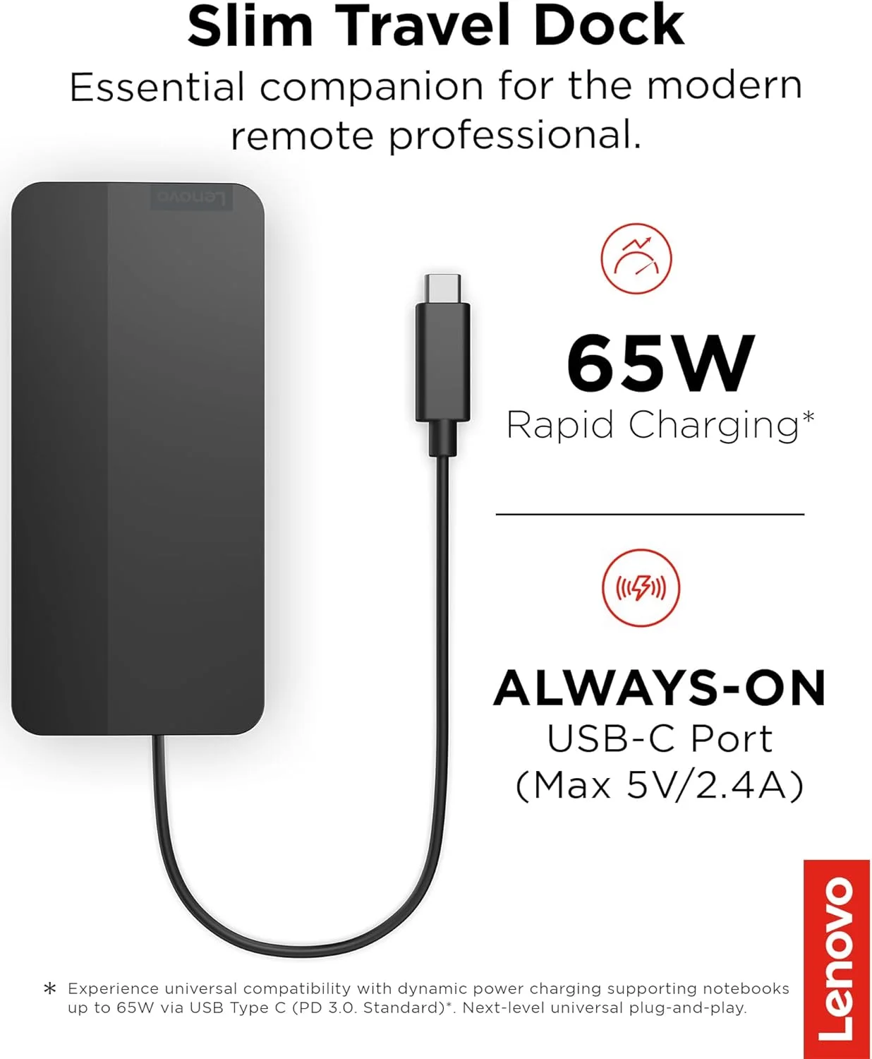 داک مسافرتی باریک USB-C لنوو، 8 پورت، توان عبوری PD تا 65 وات، کابل USB-C یکپارچه، پشتیبانی از نمایشگر 4K، مشکی