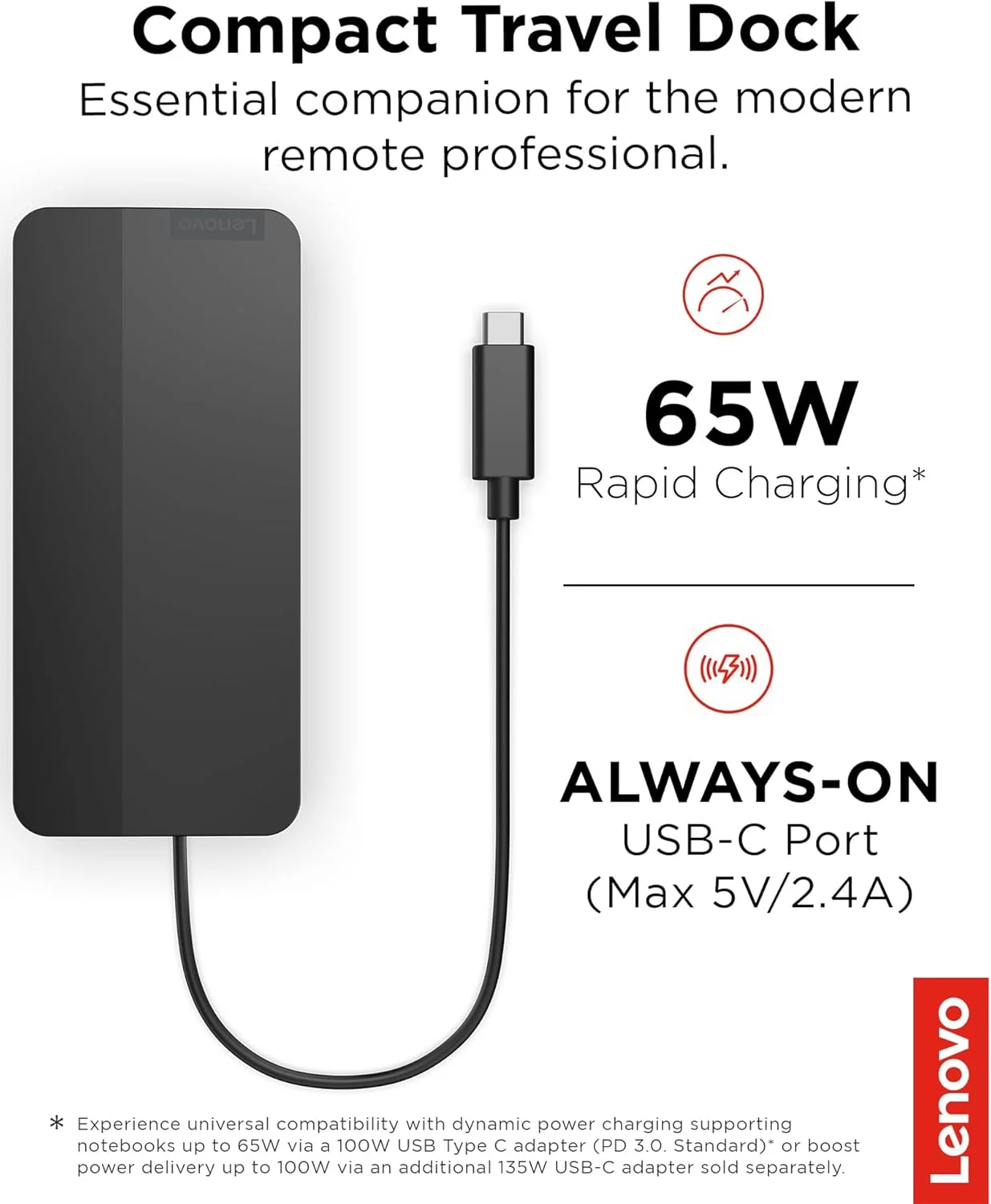 داک مسافرتی دوگانه نمایشگر USB-C لنوو، 7 پورت، پشتیبانی از نمایشگرهای دوگانه 4K از طریق پورت های HDMI و DP، توان عبوری PD تا 100 وات، کابل USB-C یکپارچه، مشکی داک مسافرتی دوگانه نمایشگر USB-C لنوو، 7 پورت، پشتیبانی از نمایشگرهای دوگانه 4K از طریق پورت های HDMI و DP، توان عبوری PD تا 100 وات، کابل USB-C یکپارچه، مشکی