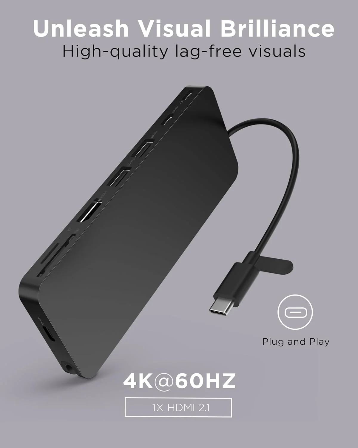 داک مسافرتی باریک USB-C لنوو، 8 پورت، توان عبوری PD تا 65 وات، کابل USB-C یکپارچه، پشتیبانی از نمایشگر 4K، مشکی